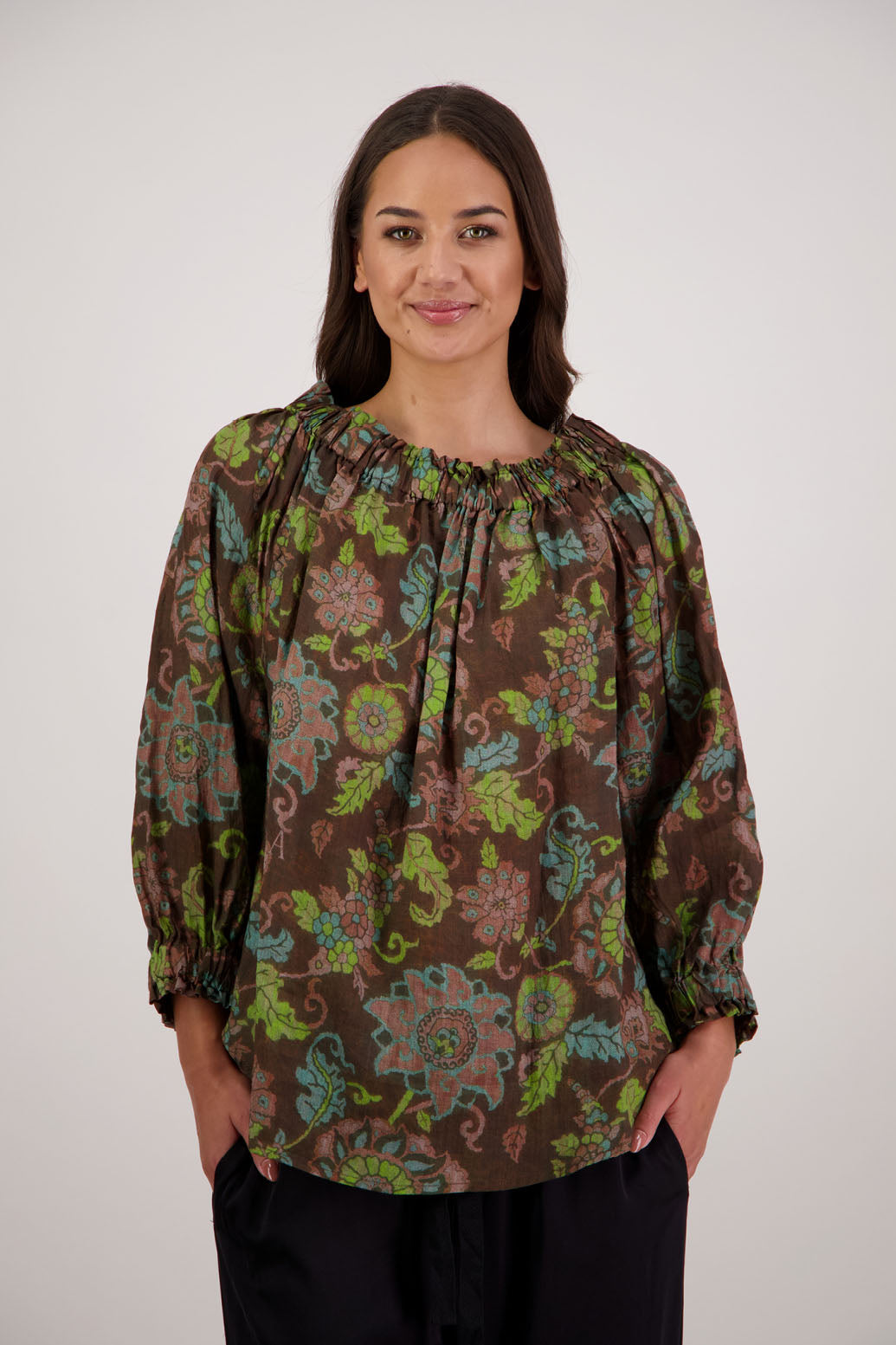 Bestselling Reversible Top. Annabella Top in Brown Floral by Briarwood NZ. Lightweight 100% Ramie shirt with 3/4 sleeves, gathered necklkne, longer in length