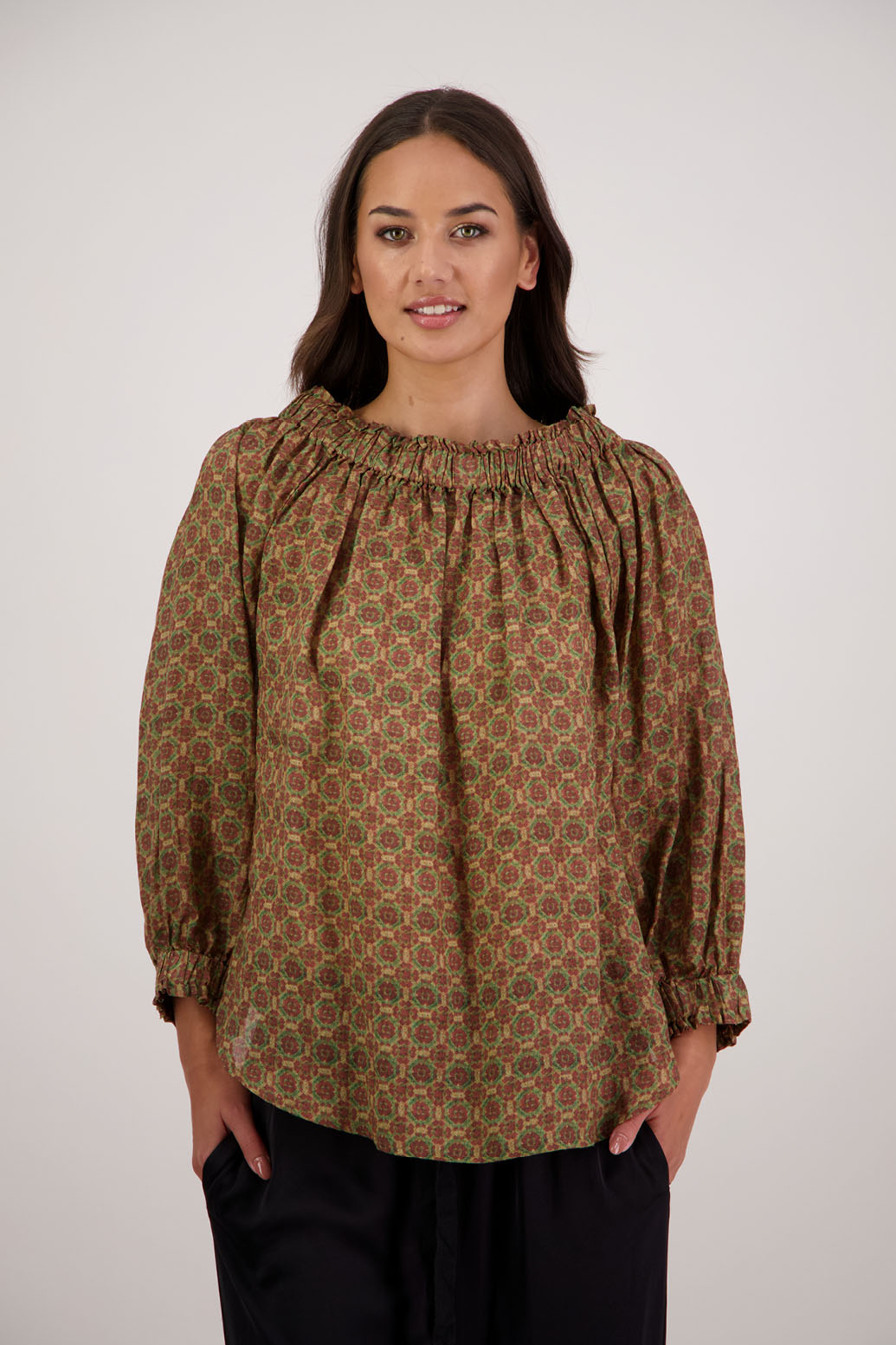 Bestselling Reversible Top. Annabella Top in Camel Tile by Briarwood NZ. Lightweight 100% Ramie shirt with 3/4 sleeves, gathered necklkne, longer in length