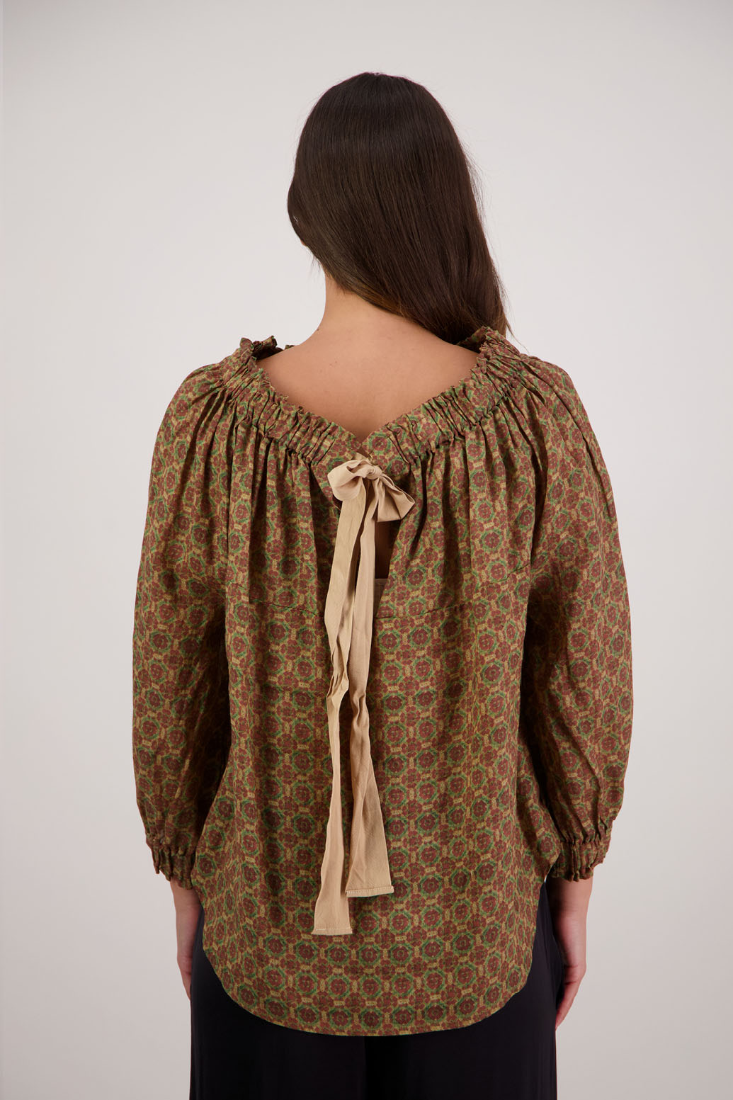 Bestselling Reversible Top. Annabella Top in Camel Tile by Briarwood NZ. Lightweight 100% Ramie shirt with 3/4 sleeves, gathered necklkne, longer in length