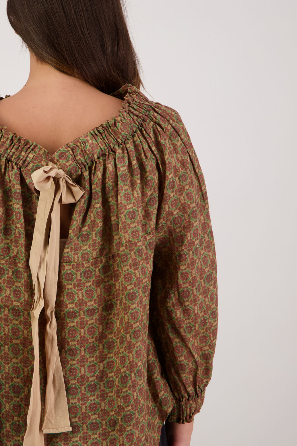 Bestselling Reversible Top. Annabella Top in Camel Tile by Briarwood NZ. Lightweight 100% Ramie shirt with 3/4 sleeves, gathered necklkne, longer in length