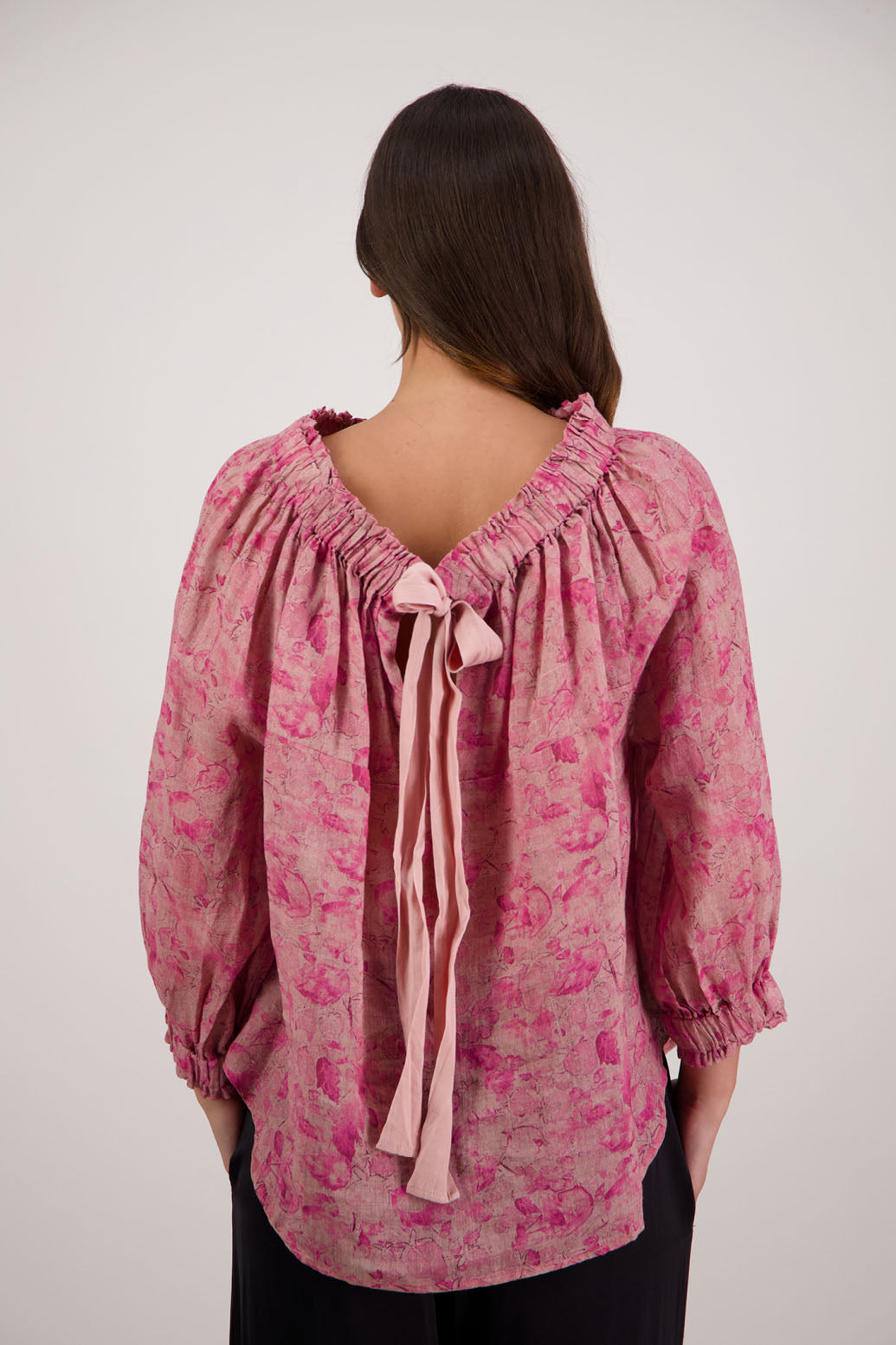 Bestselling Reversible Top. Annabella Top in Pink Floral by Briarwood NZ. Lightweight 100% Ramie shirt with 3/4 sleeves, gathered necklkne, longer in length
