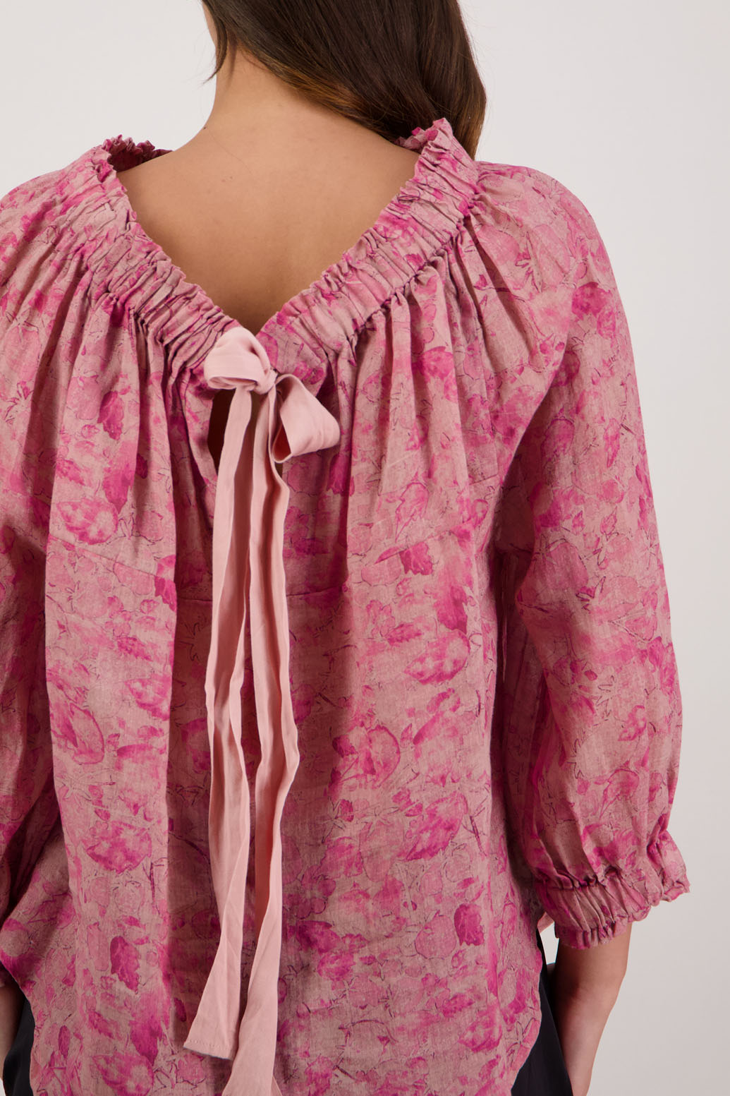 Bestselling Reversible Top. Annabella Top in Pink Floral by Briarwood NZ. Lightweight 100% Ramie shirt with 3/4 sleeves, gathered necklkne, longer in length