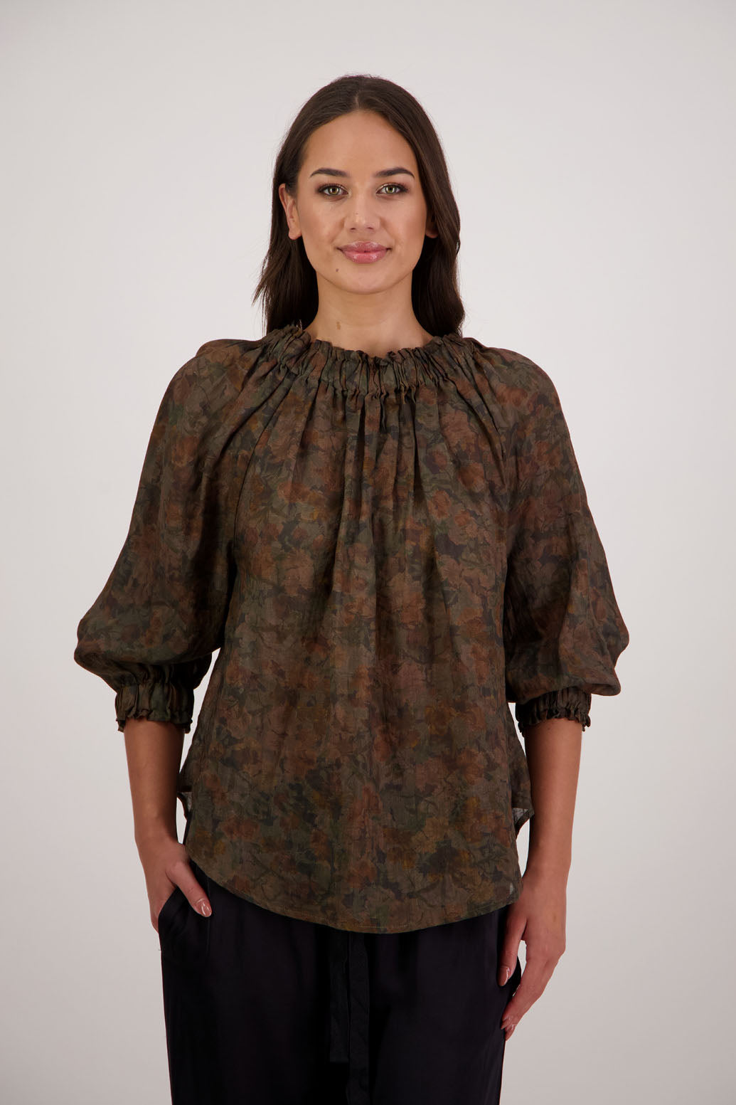 Bestselling Reversible Top. Annabella Top in Vintage Floral by Briarwood NZ. Lightweight 100% Ramie shirt with 3/4 sleeves, gathered necklkne, longer in length