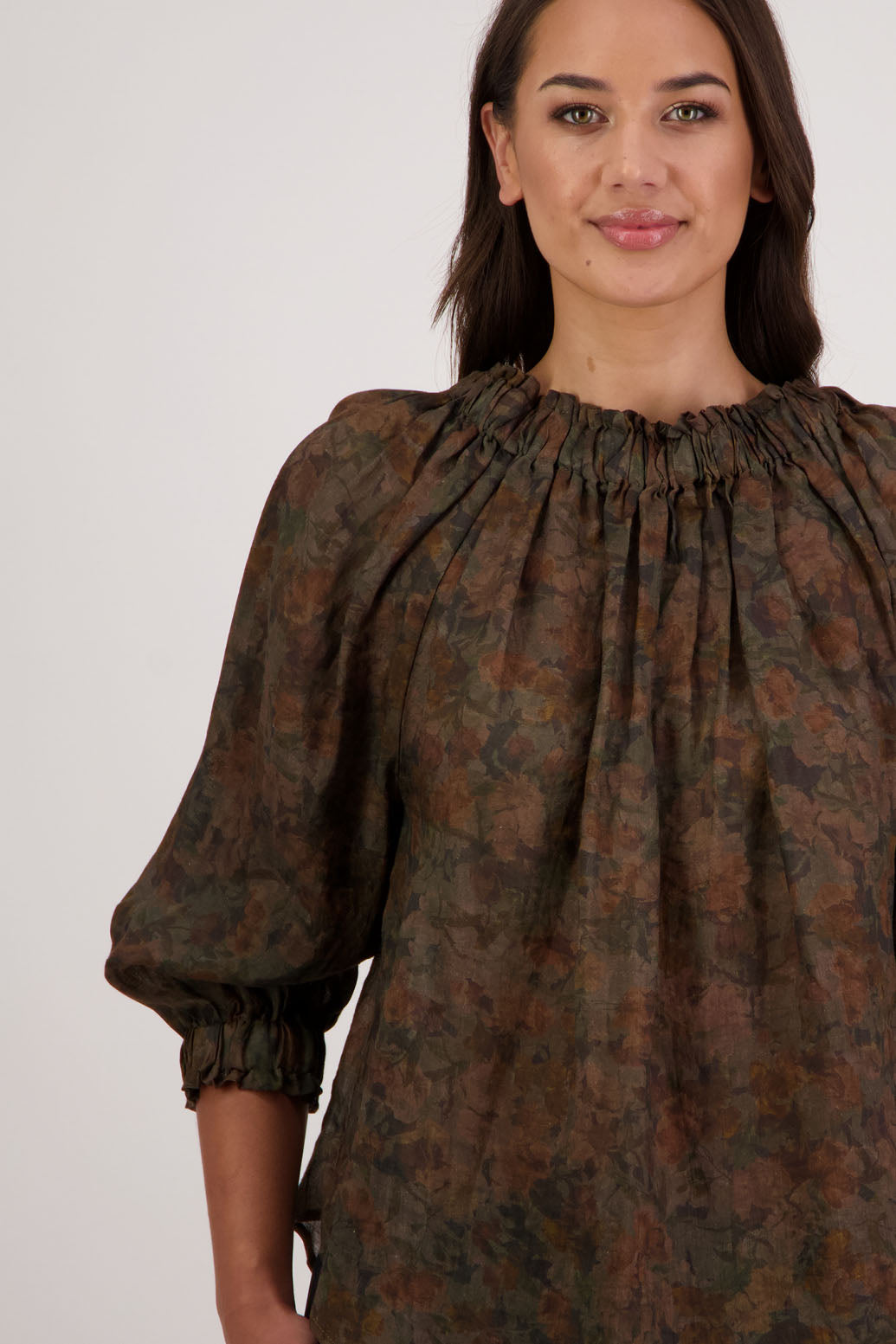 Bestselling Reversible Top. Annabella Top in Vintage Floral by Briarwood NZ. Lightweight 100% Ramie shirt with 3/4 sleeves, gathered necklkne, longer in length