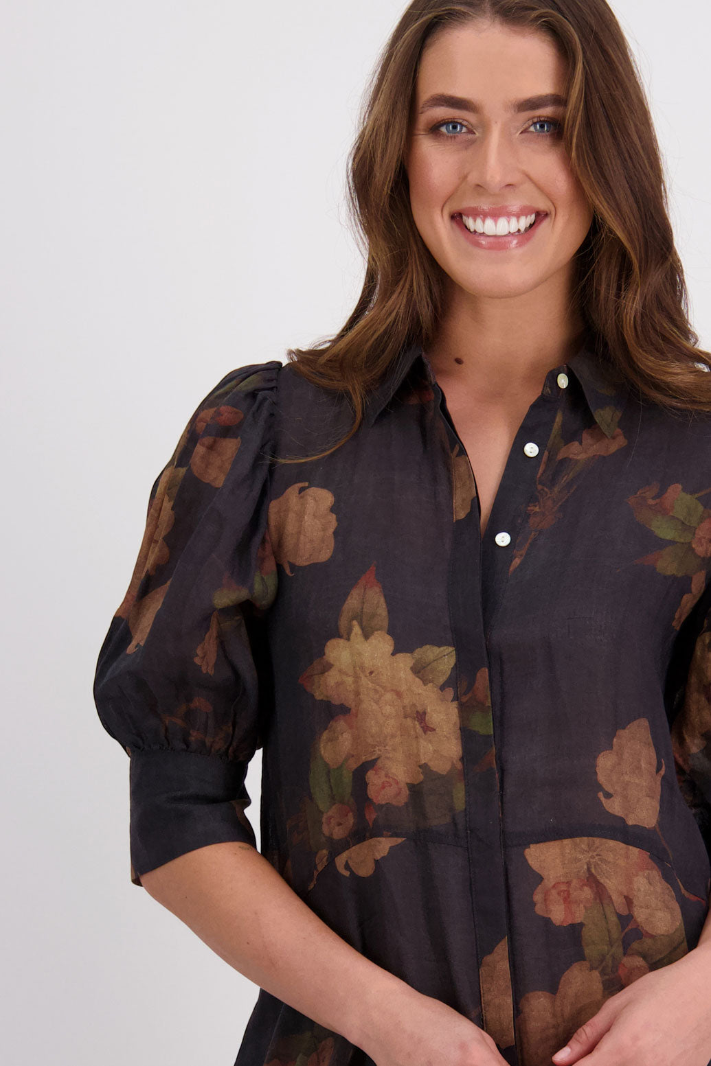 Briarwood Christine Black Floral Ramie Shirt Dress