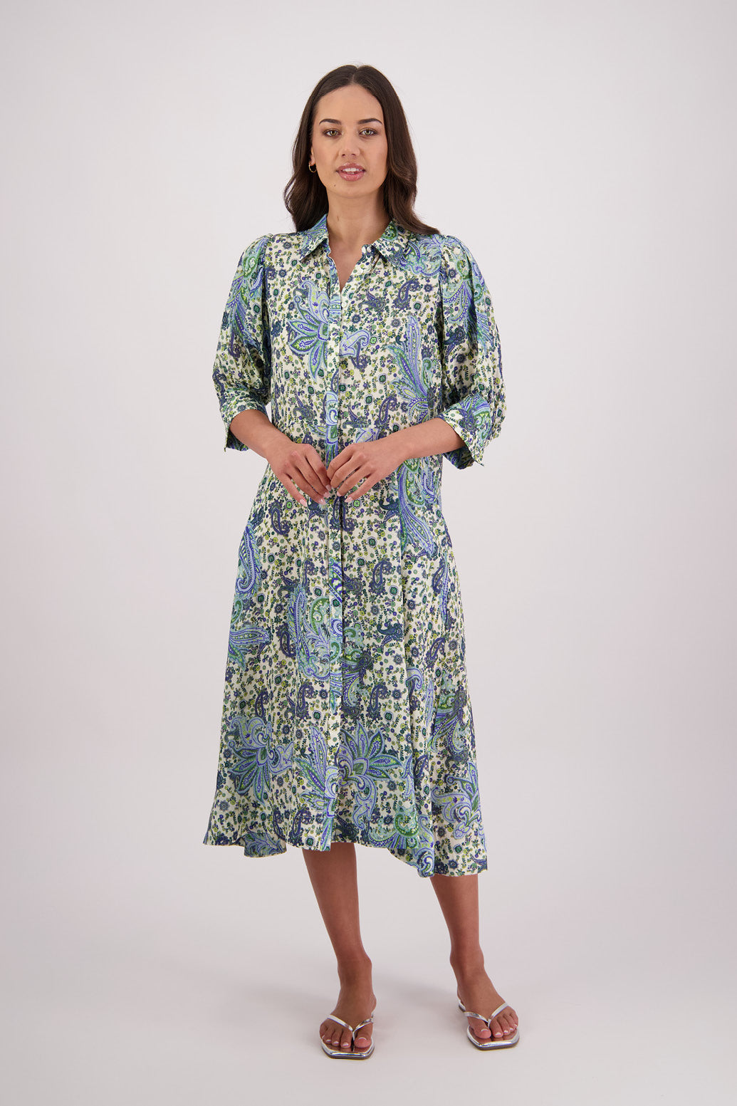 Briarwood Christine Shirt Dress in Blue Paisley print, 100% Ramie.