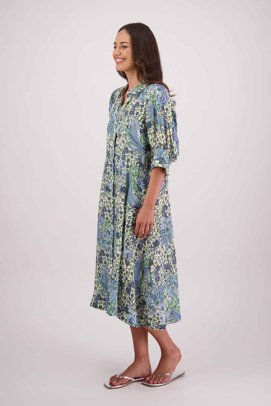 Side view of Briarwood Christine Shirt Dress in Blue Paisley print.