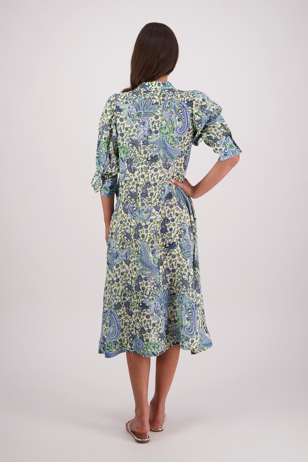 Back view of Briarwood Christine Shirt Dress in Blue Paisley print.