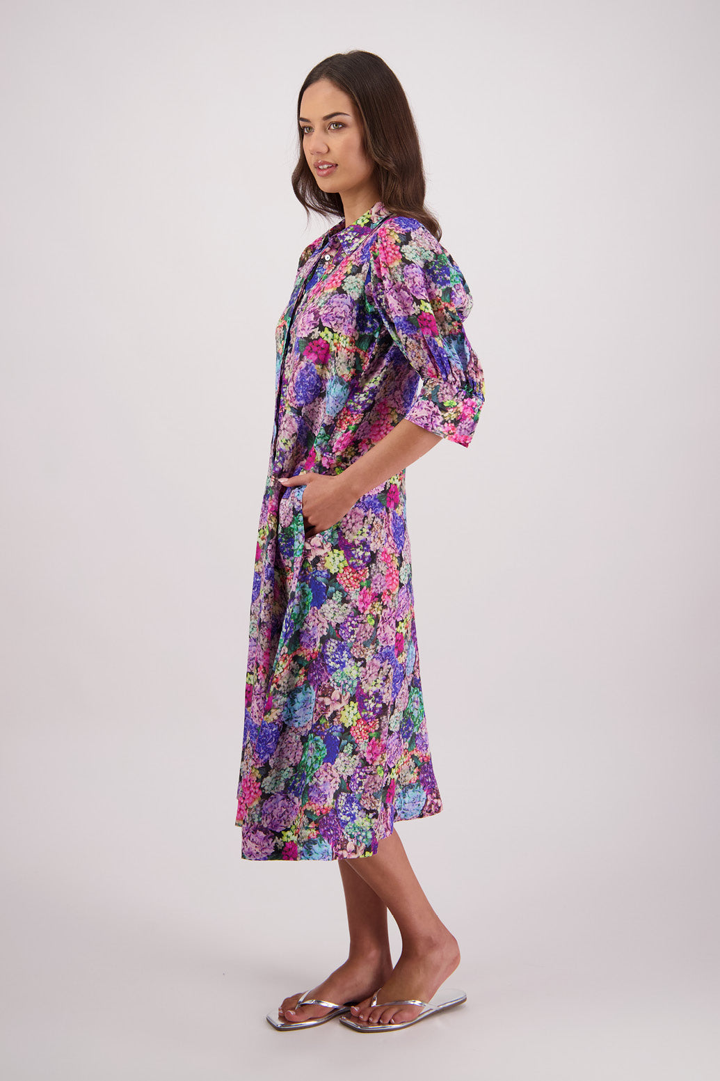 Back view of Briarwood Christine Shirt Dress in Hydrangea print.