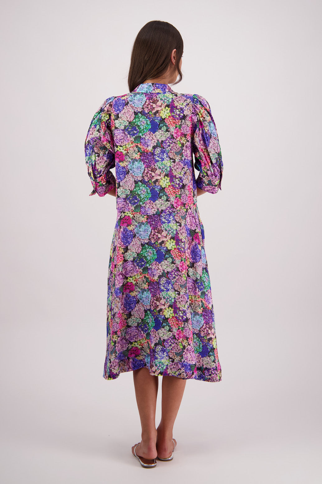 Back view of Briarwood Christine Shirt Dress in Hydrangea print.