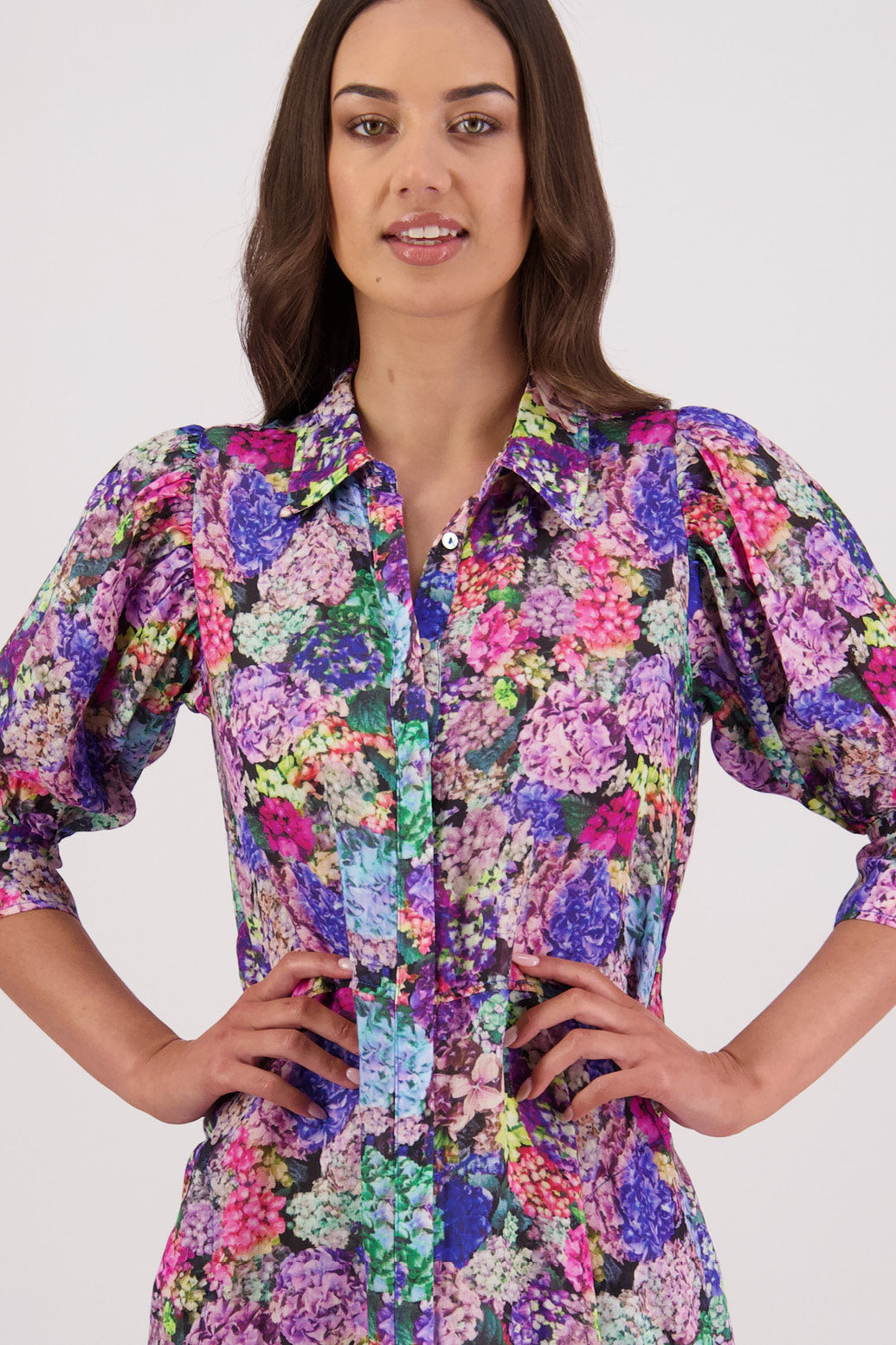 Close up front view of Briarwood Christine Shirt Dress in Hydrangea print.