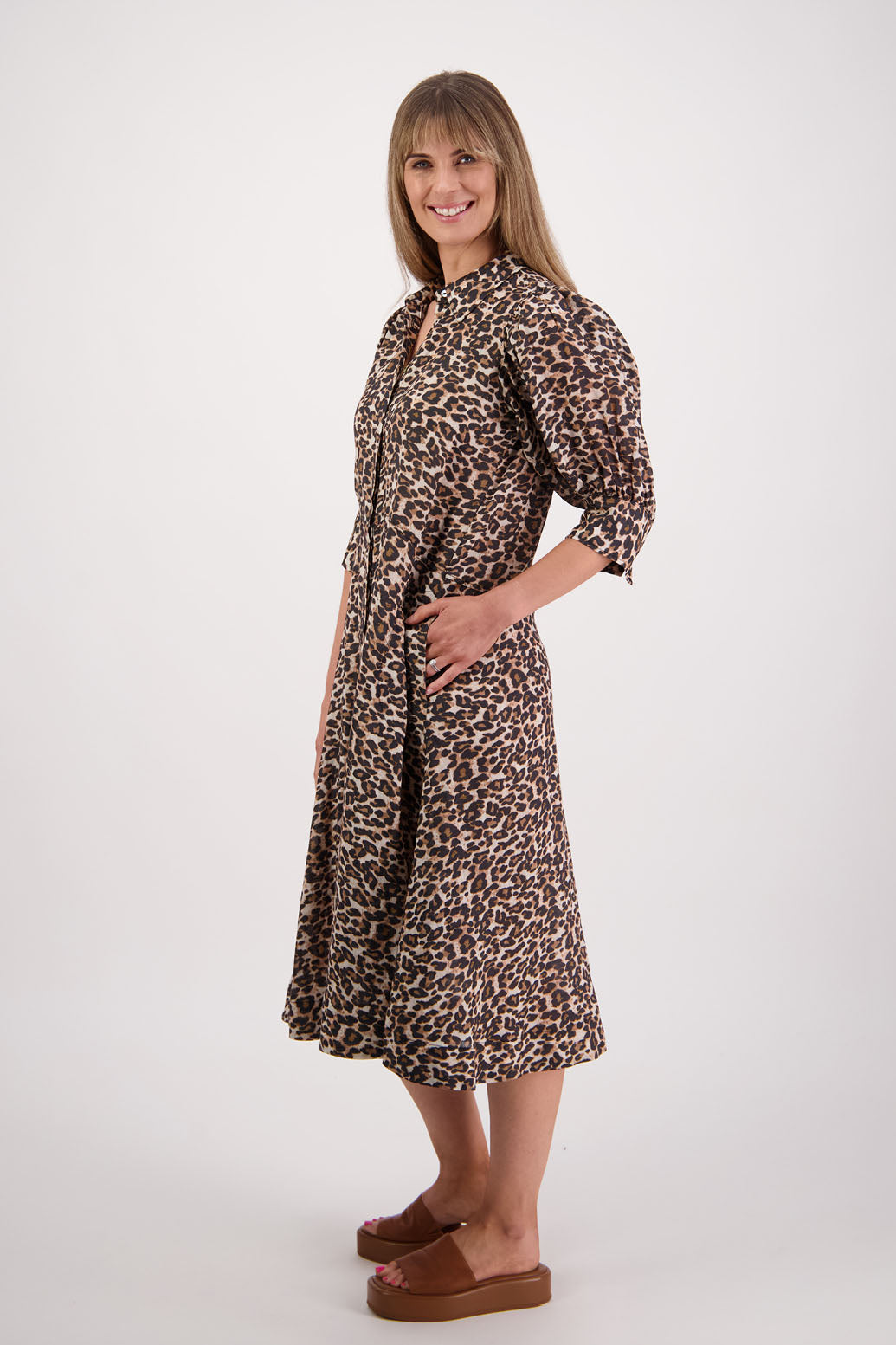 Womens shirt dress, midi length with elbow length puff sleeves. Briarwood NZ. Ramie, Christine. Leopard Print