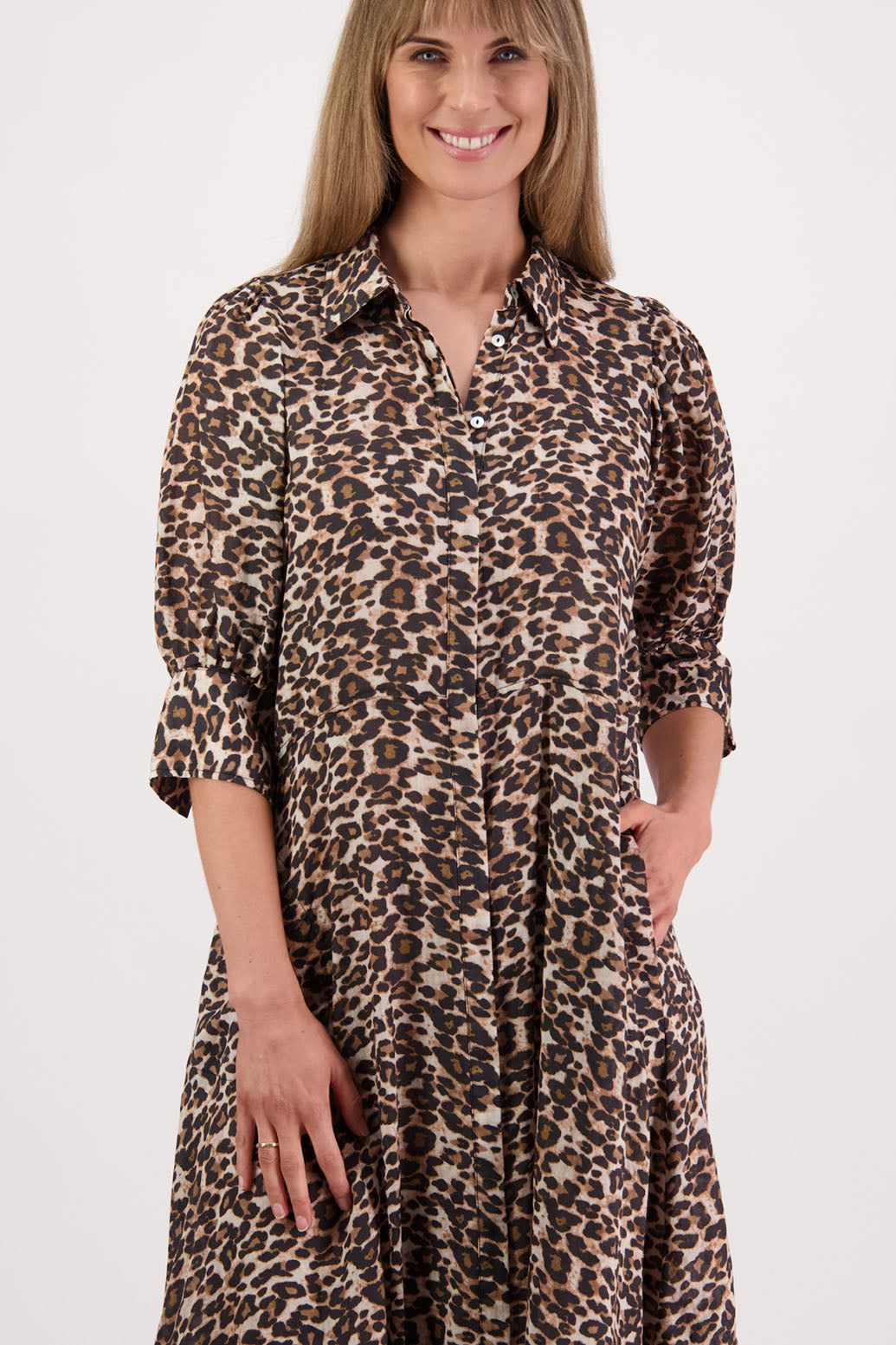 Womens shirt dress, midi length with elbow length puff sleeves. Briarwood NZ. Ramie, Christine. Leopard Print