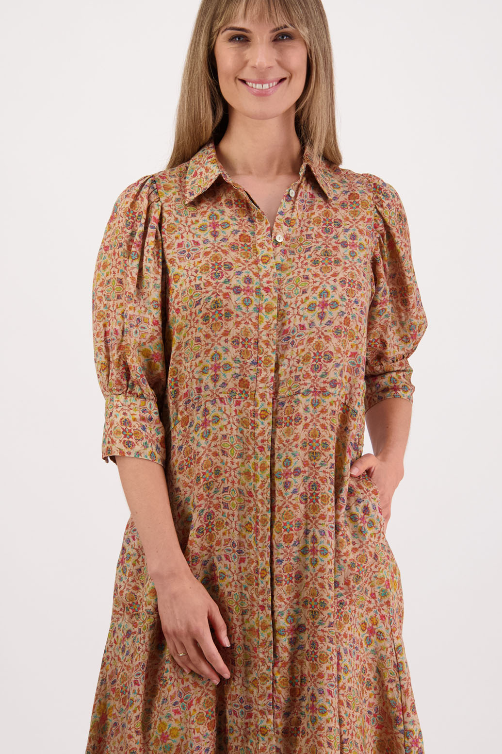 Womens shirt dress, midi length with elbow length puff sleeves. Briarwood NZ. Ramie, Christine. Little Leaf Print