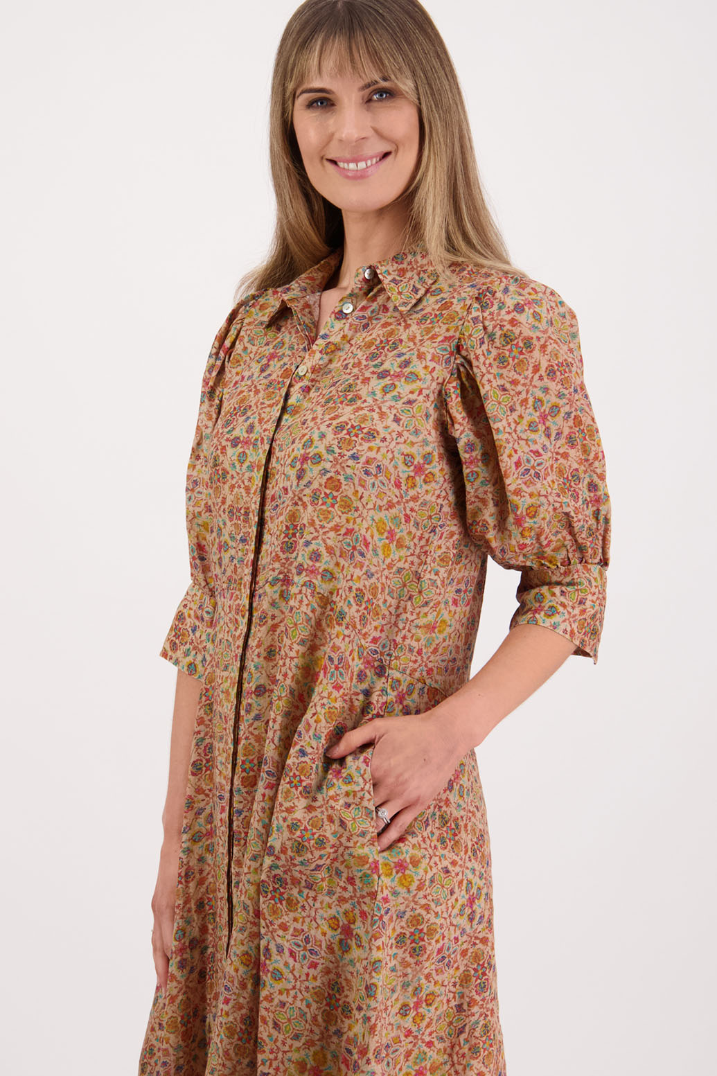 Womens shirt dress, midi length with elbow length puff sleeves. Briarwood NZ. Ramie, Christine. Little Leaf Print