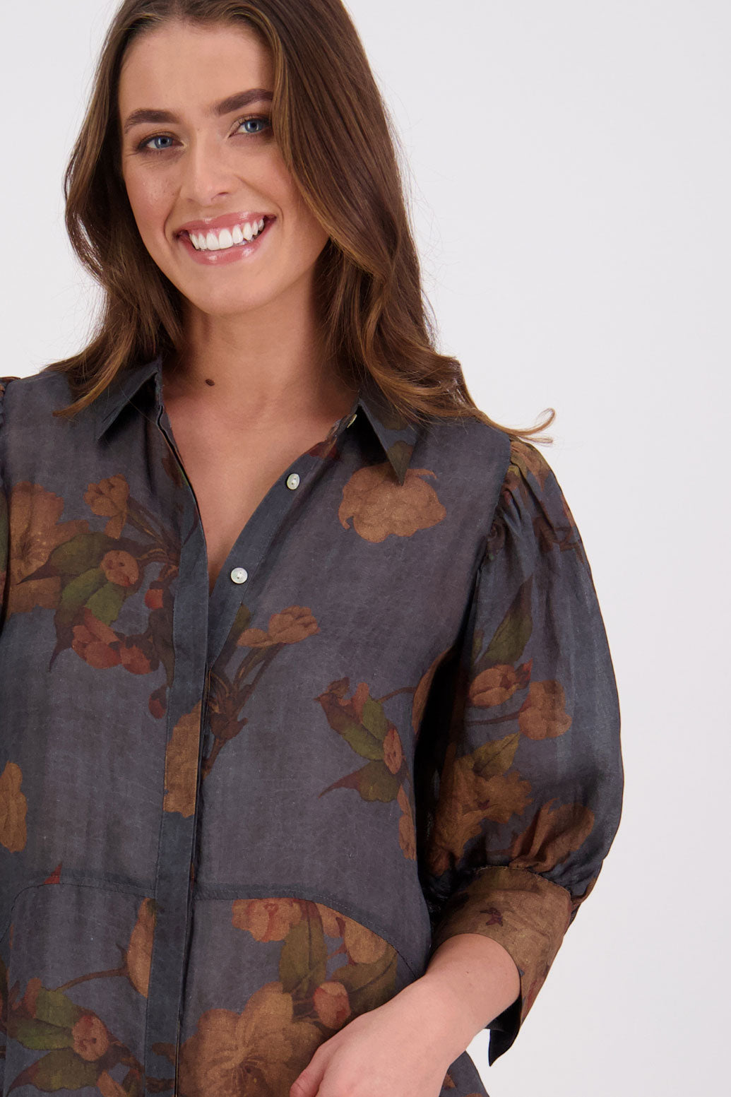 Briarwood Christine Petrol Floral Ramie Shirt Dress