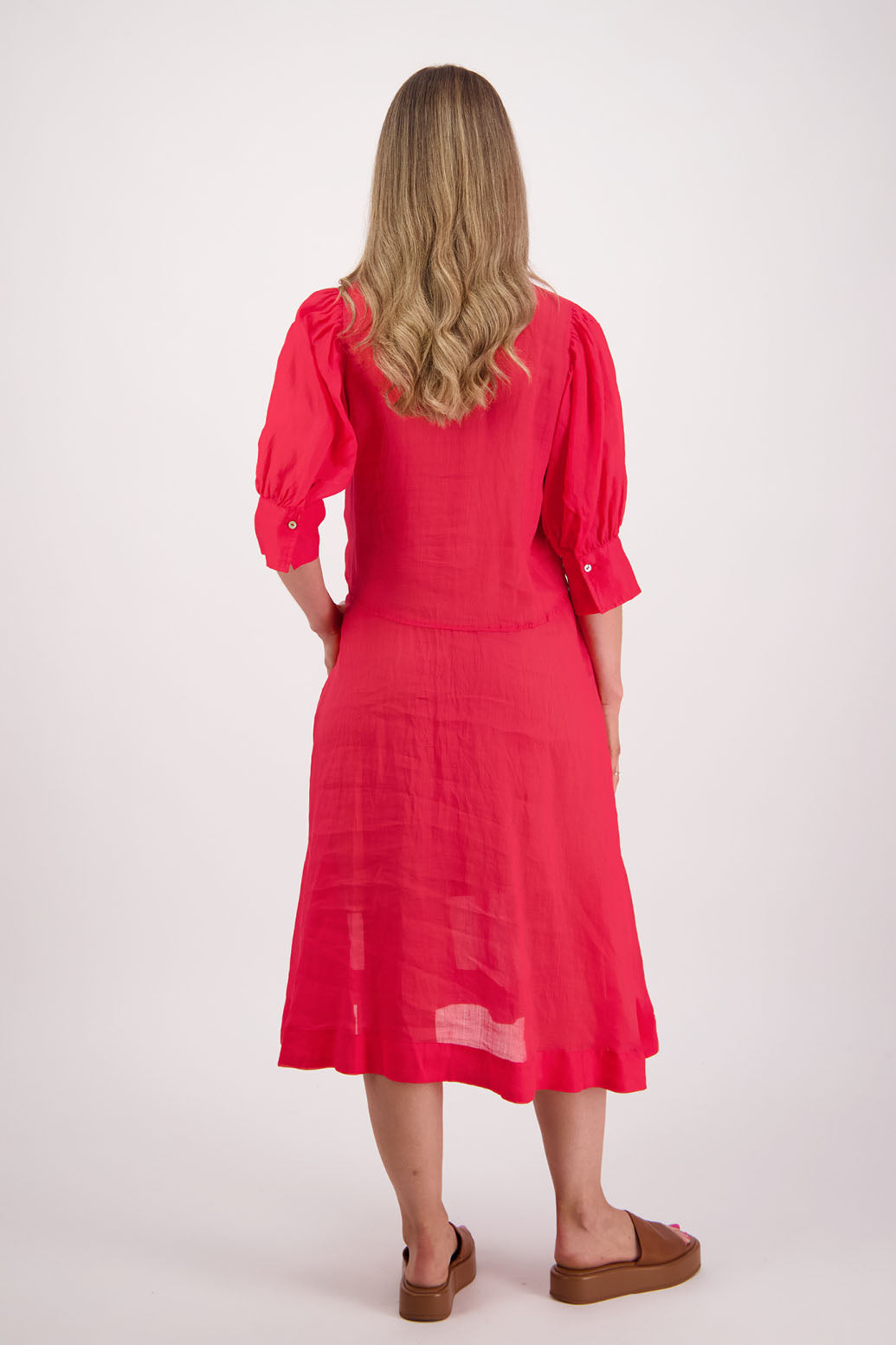 Womens shirt dress, midi length with elbow length puff sleeves. Briarwood NZ. Ramie, Christine. Red