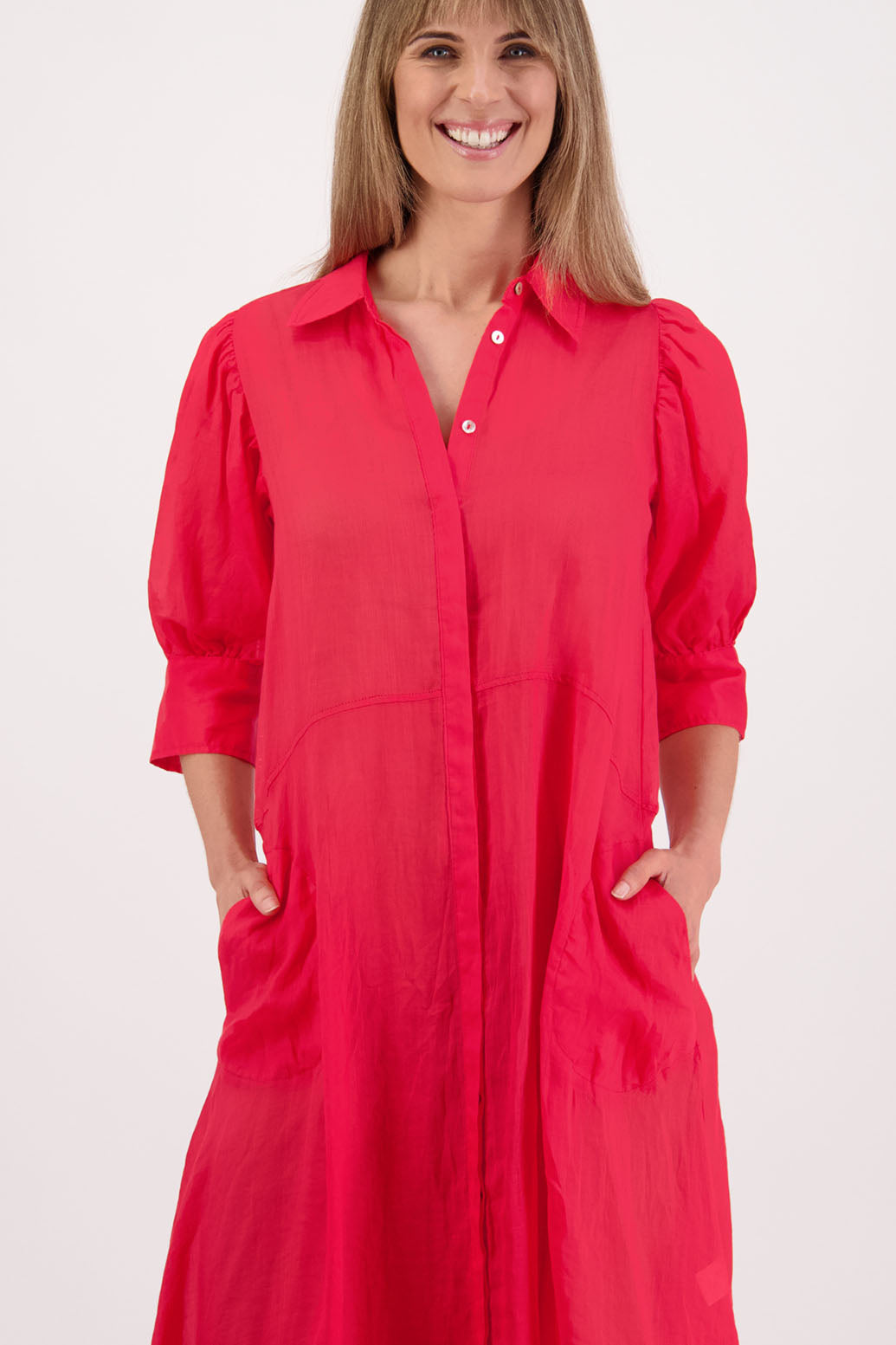 Womens shirt dress, midi length with elbow length puff sleeves. Briarwood NZ. Ramie, Christine. Red
