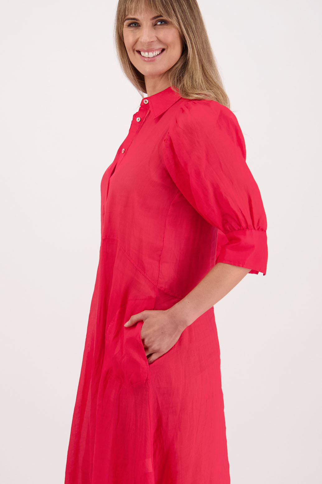 Womens shirt dress, midi length with elbow length puff sleeves. Briarwood NZ. Ramie, Christine. Red