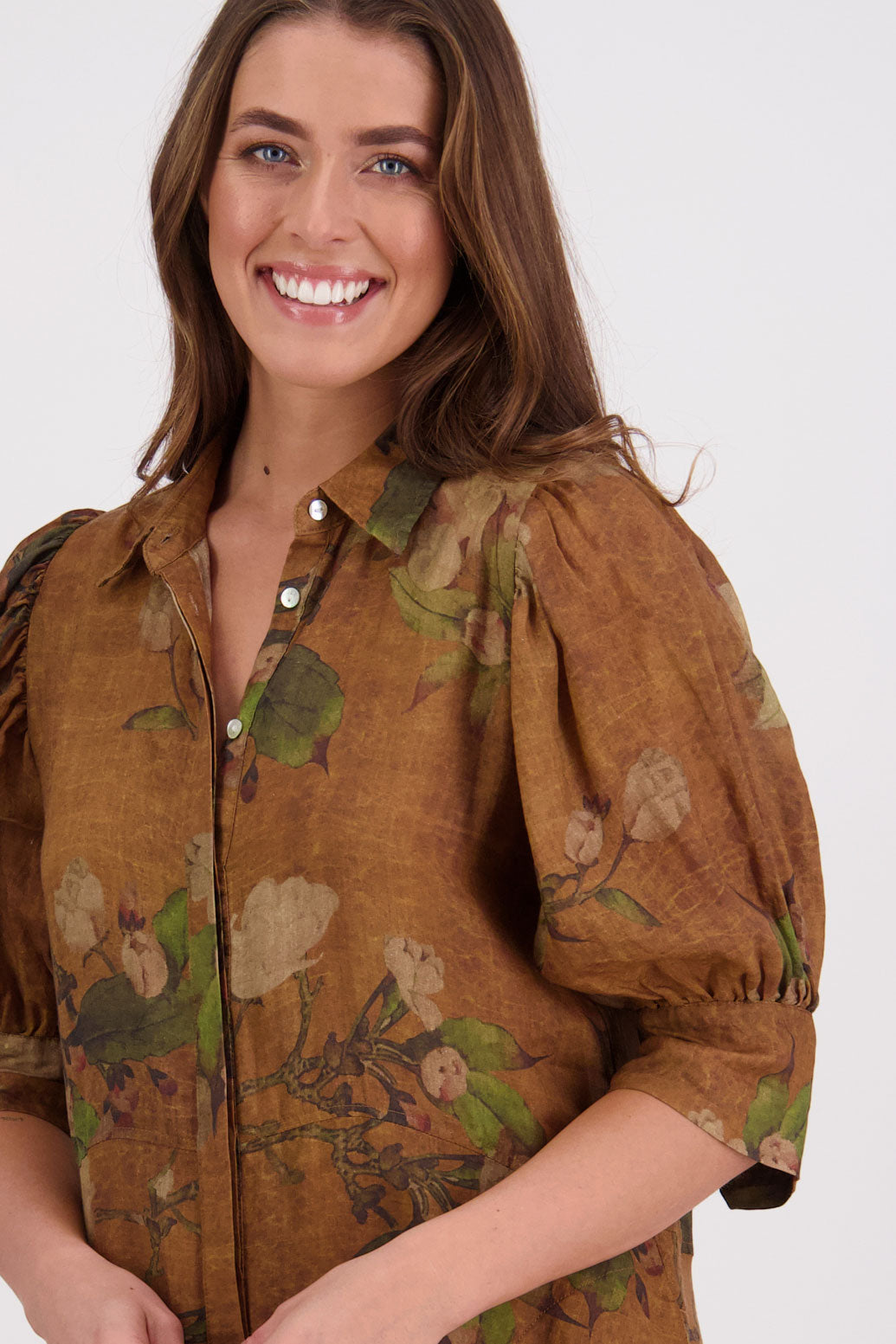 Christine Tan Floral Ramie Shirt Dress