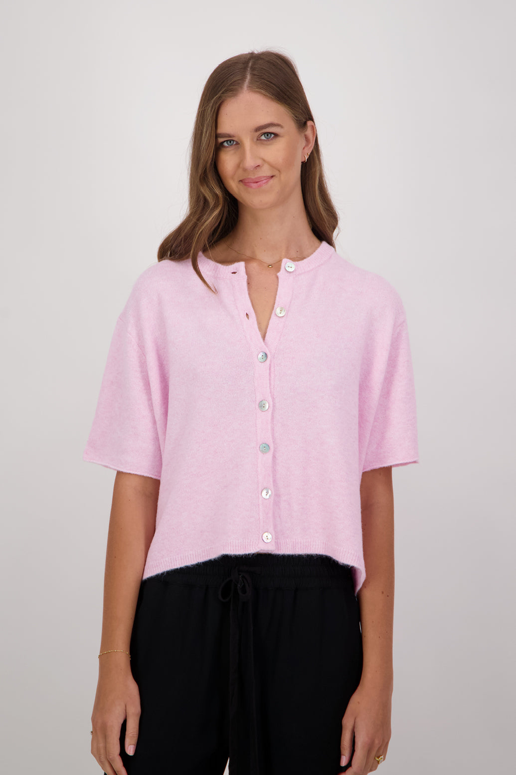 Daniella Wool Blend Short Sleeve Cardigan - Pale Pink