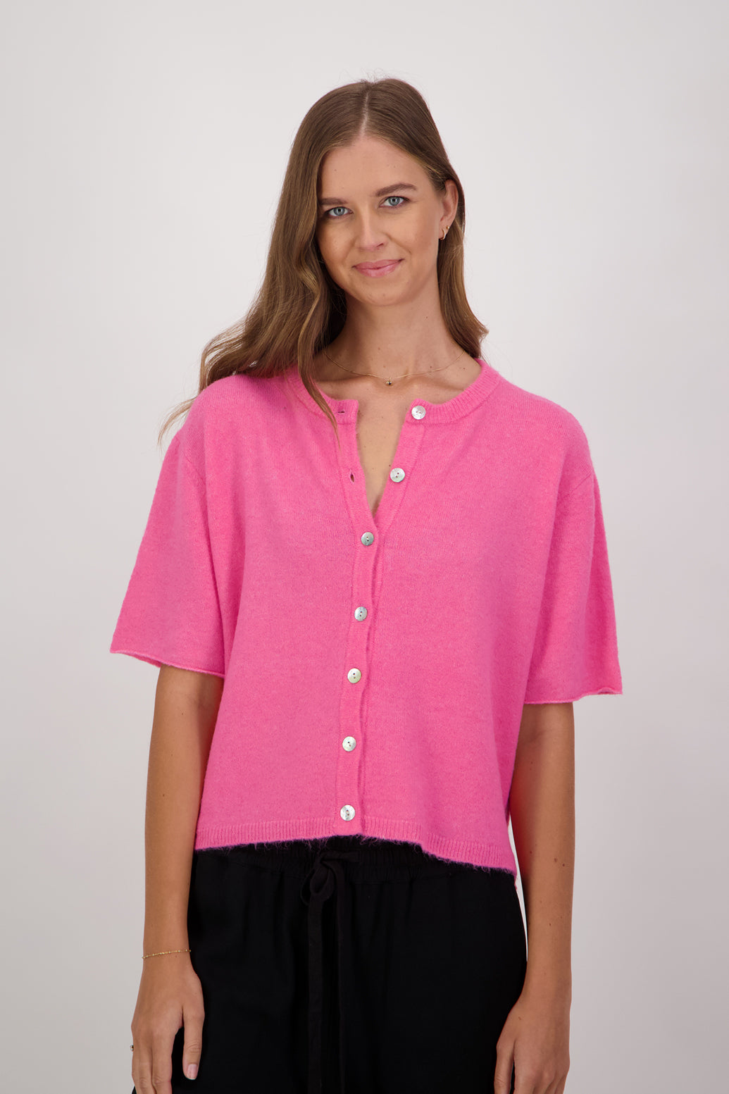 Daniella Wool Blend Short Sleeve Cardigan - Pink