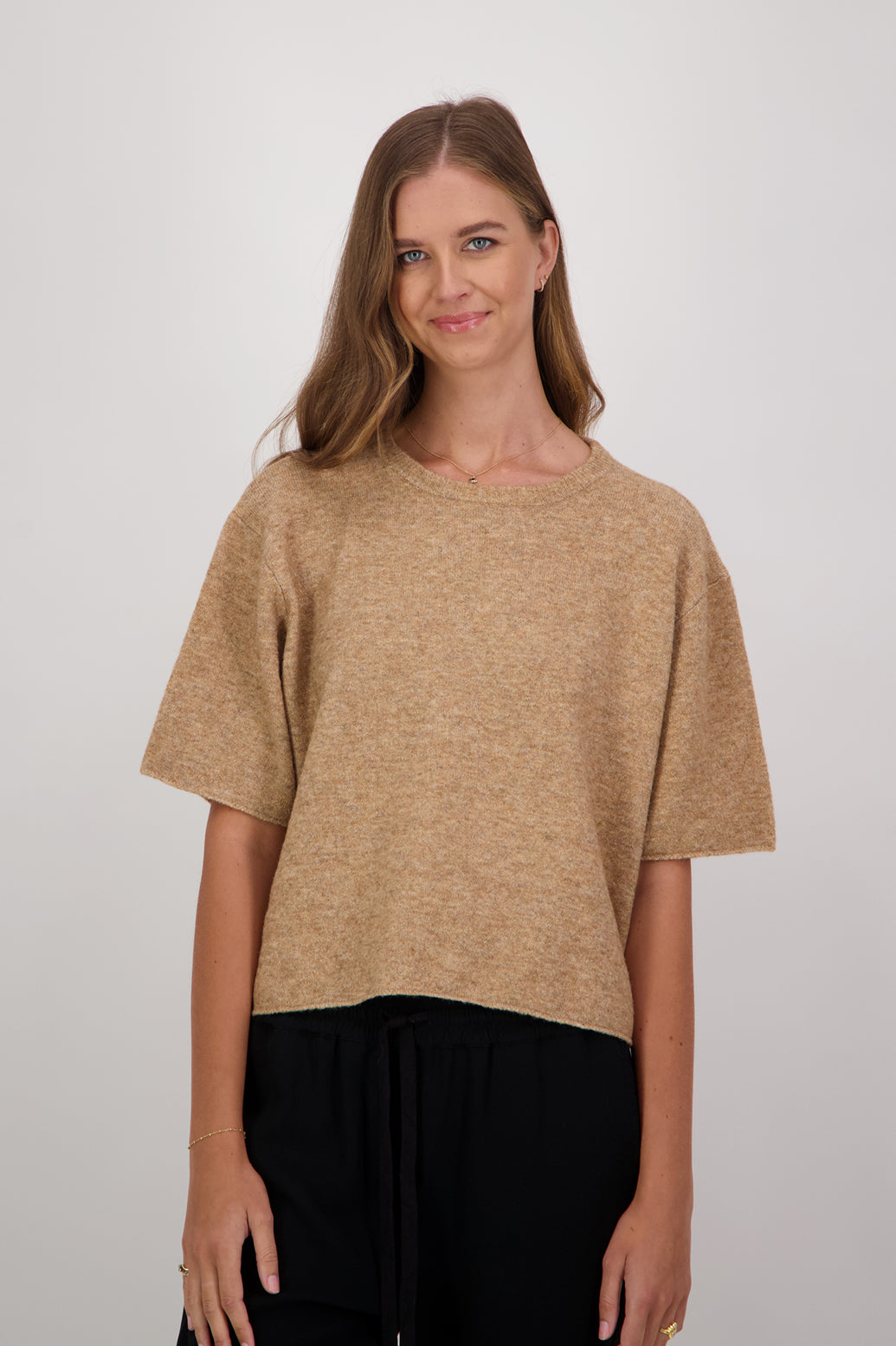 Dapper Wool Blend Short Sleeve Top/T-Shirt - Camel
