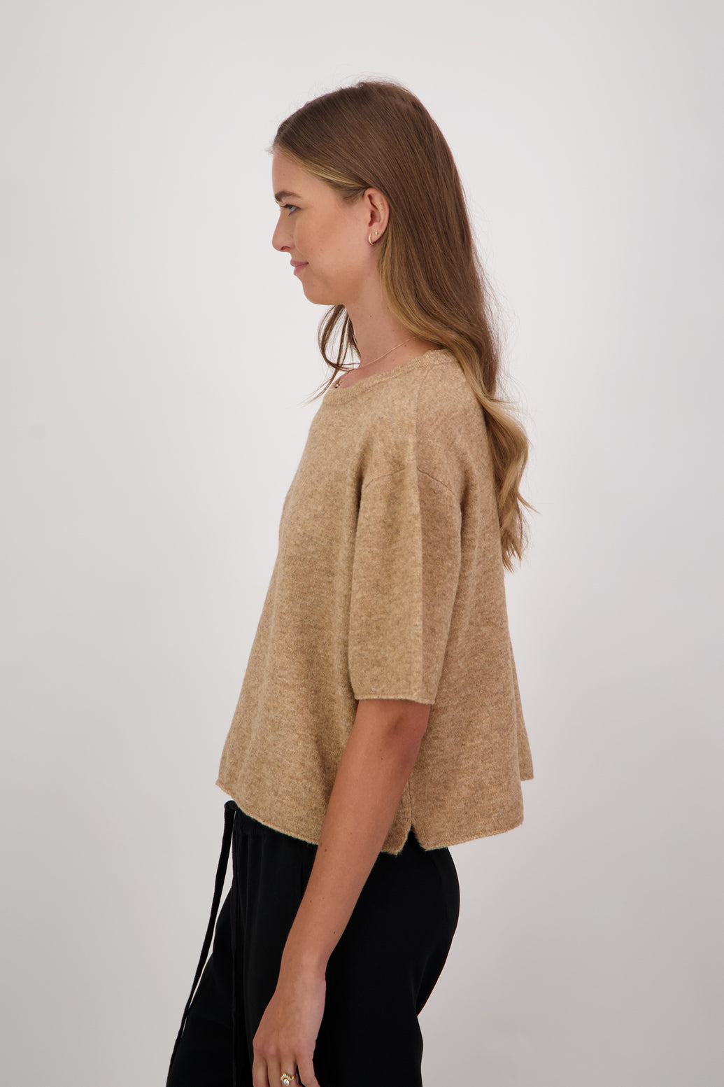 Dapper Wool Blend Short Sleeve Sweater/Top - CamelDapper Wool Blend Short Sleeve Top/T-Shirt - Camel