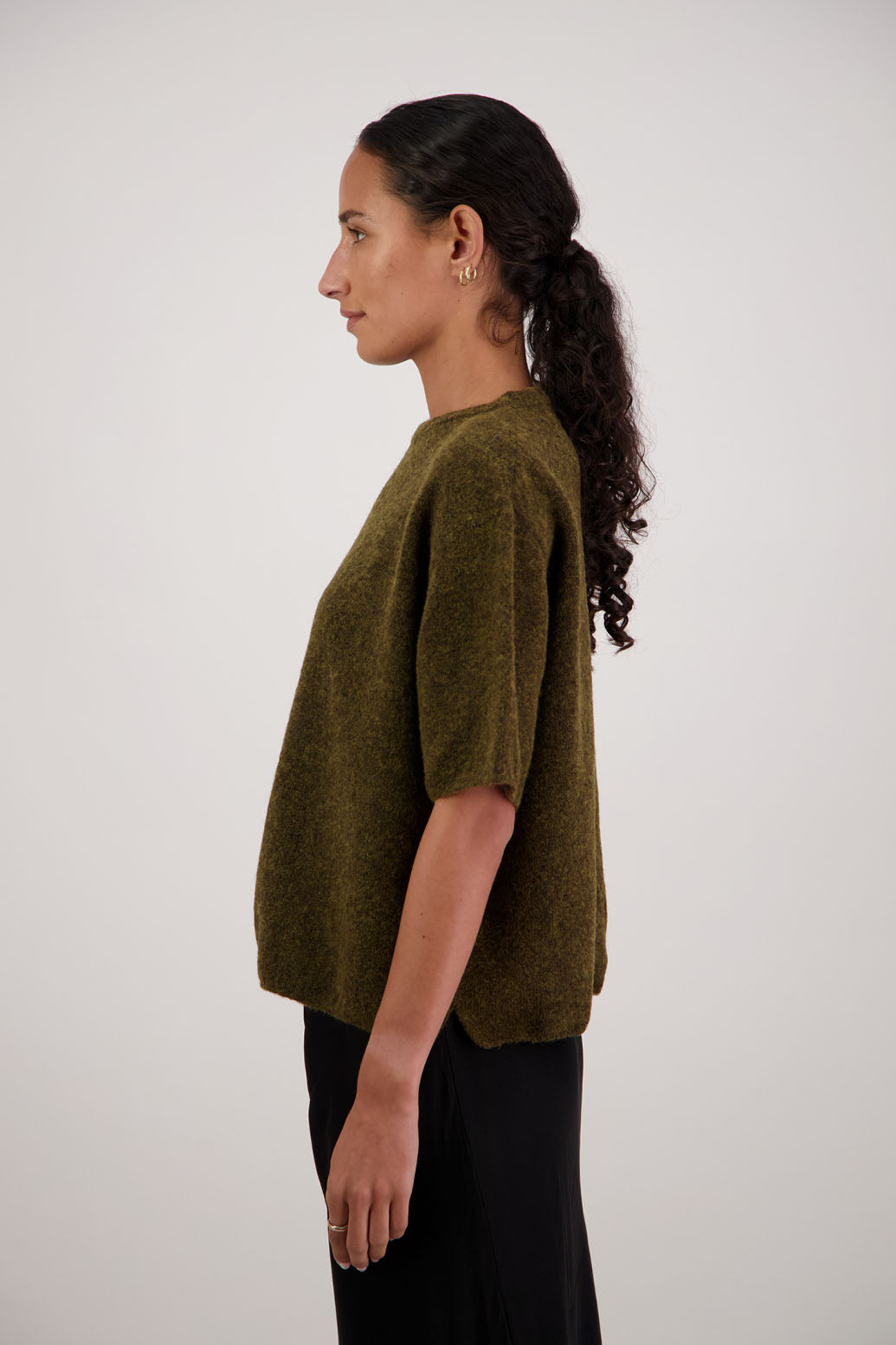 Faith Top in Olive by Briarwood NZ. Alpaca/Wool blend short sleeve t-shirt style, boxy fit