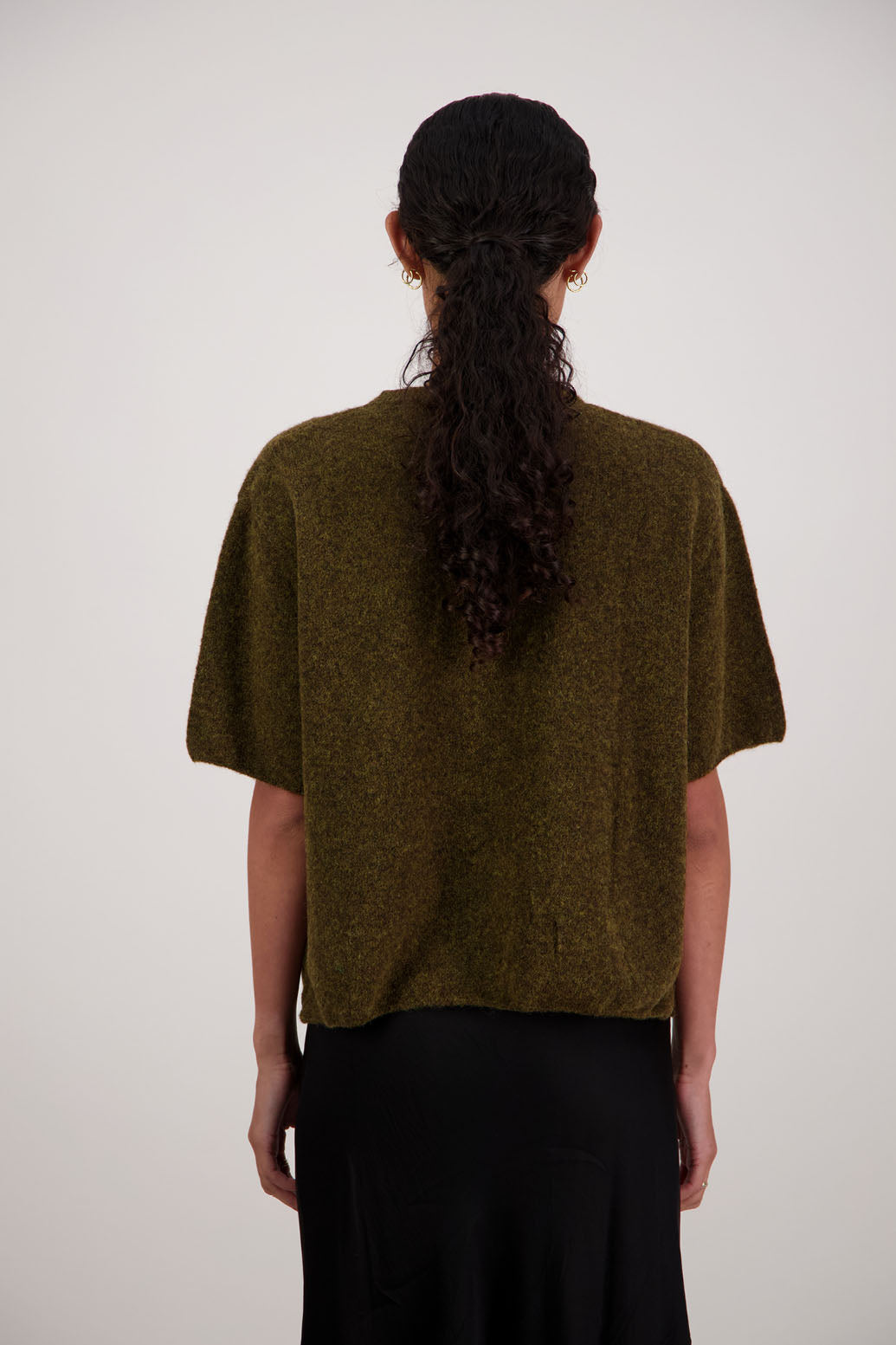 Faith Top in Olive by Briarwood NZ. Alpaca/Wool blend short sleeve t-shirt style, boxy fit