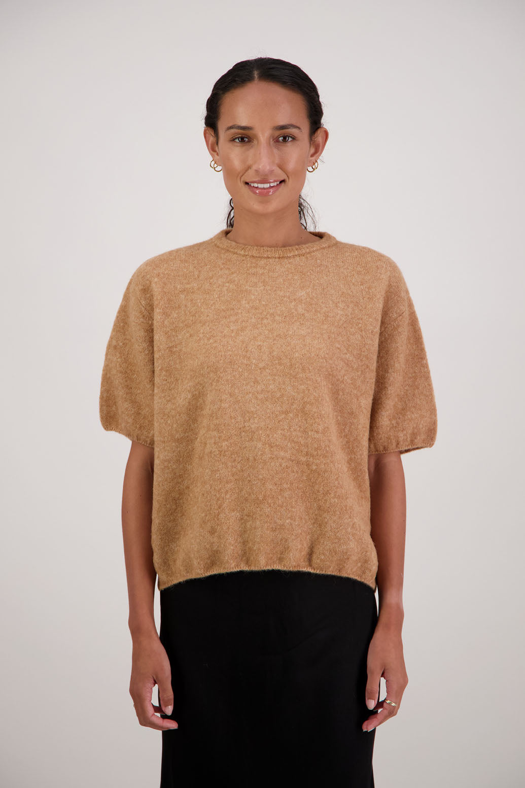 Faith Top in Tan by Briarwood NZ. Alpaca/Wool blend short sleeve t-shirt style, boxy fit