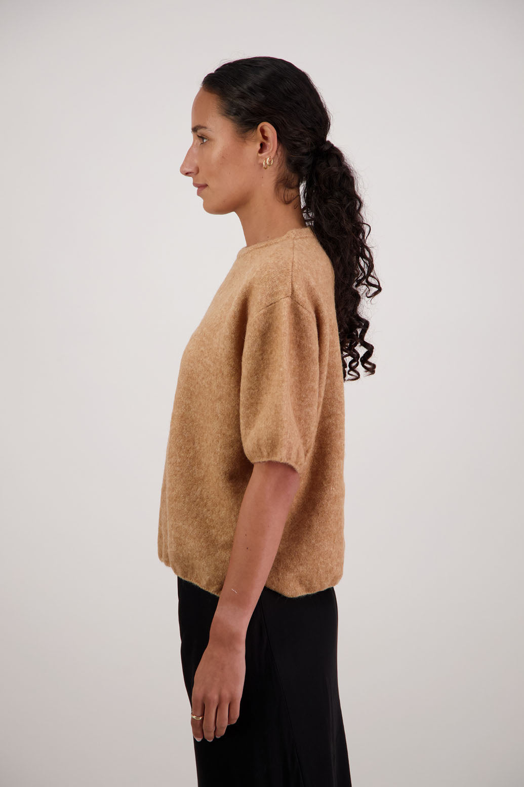 Faith Top in Tan by Briarwood NZ. Alpaca/Wool blend short sleeve t-shirt style, boxy fit