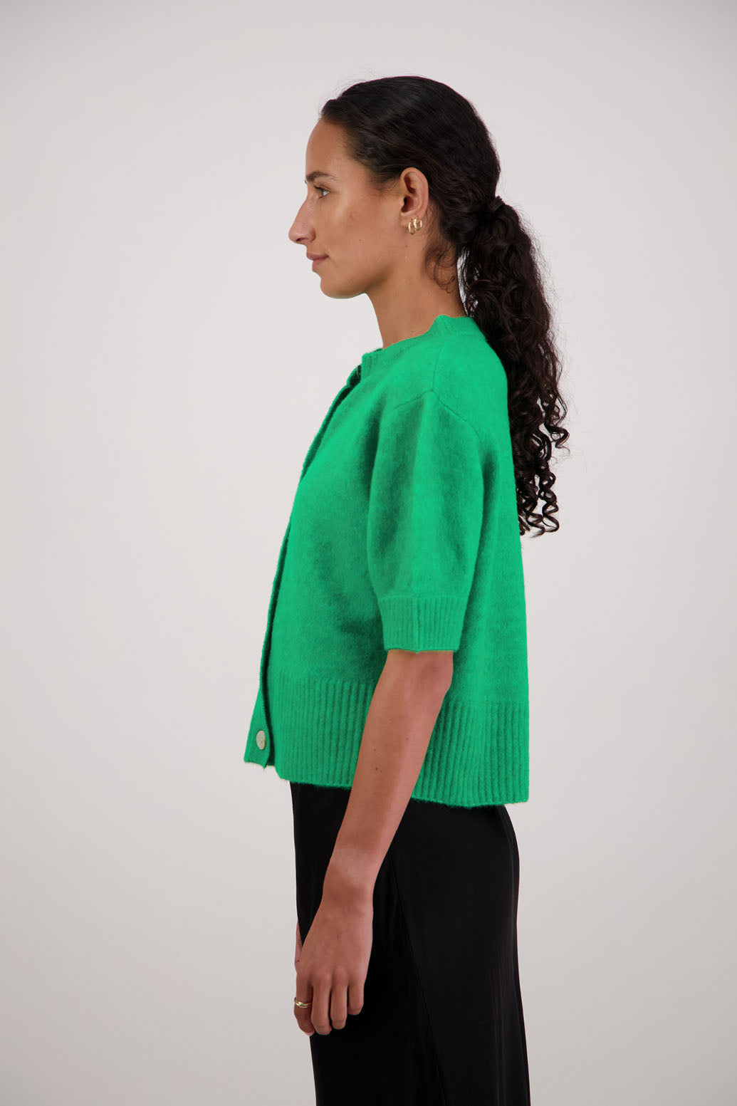 Fancy Cardigan in Green by Briarwood NZ. Alpaca/Wool blend short sleeve cardigan with buttoned front and wide waist band