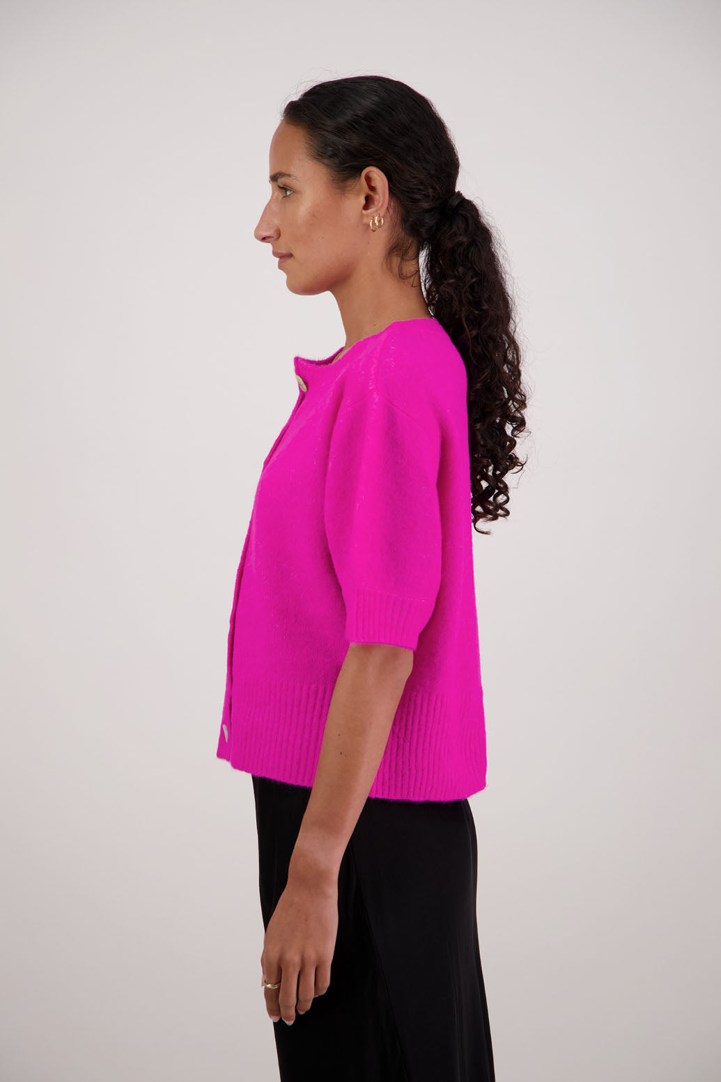 Fancy Cardigan in Pink by Briarwood NZ. Alpaca/Wool blend short sleeve cardigan with buttoned front and wide waist band