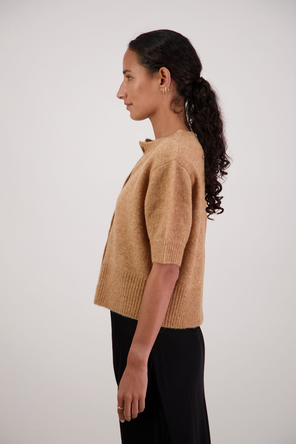 Fancy Cardigan in Tan by Briarwood NZ. Alpaca/Wool blend short sleeve cardigan with buttoned front and wide waist band