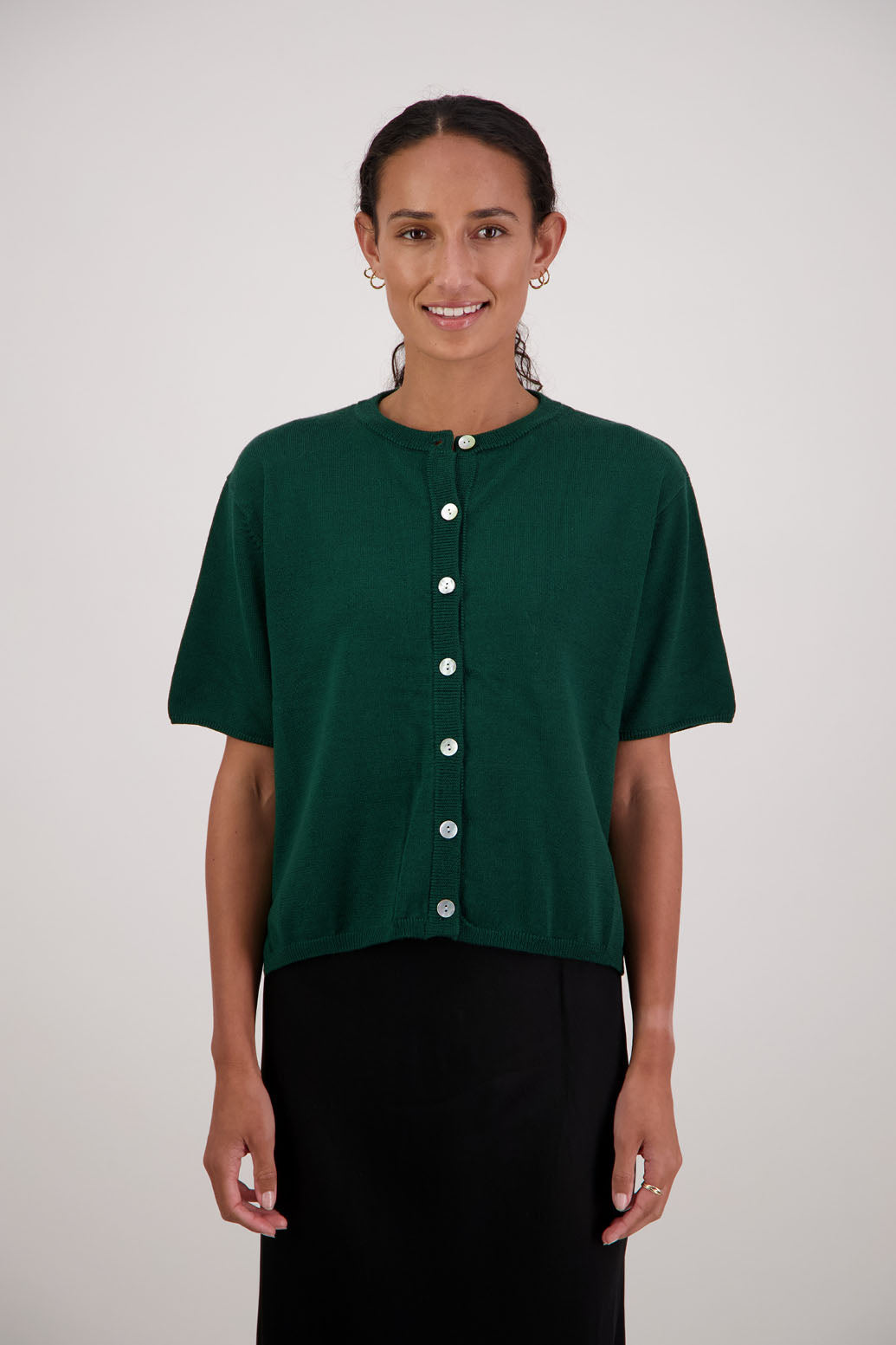 Felix Wool Cardigan in Olive by Briarwood NZ. 100% Wool cardigan with short sleeves, buttoned front, box fit