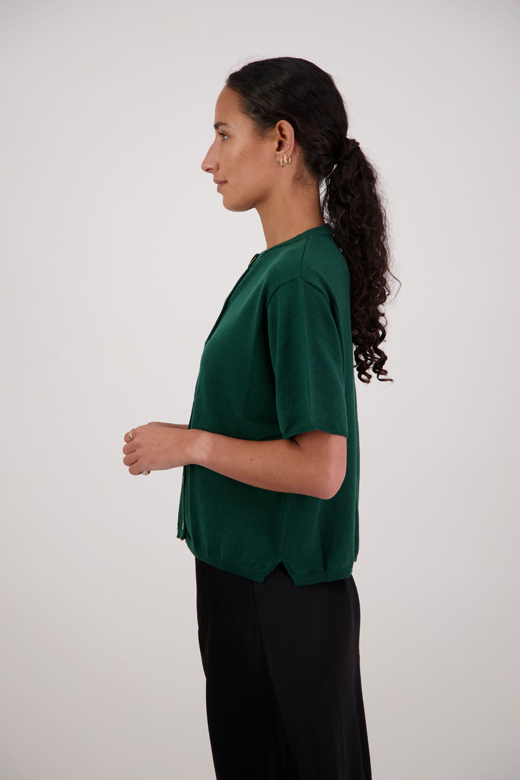 Felix Wool Cardigan in Olive by Briarwood NZ. 100% Wool cardigan with short sleeves, buttoned front, box fit