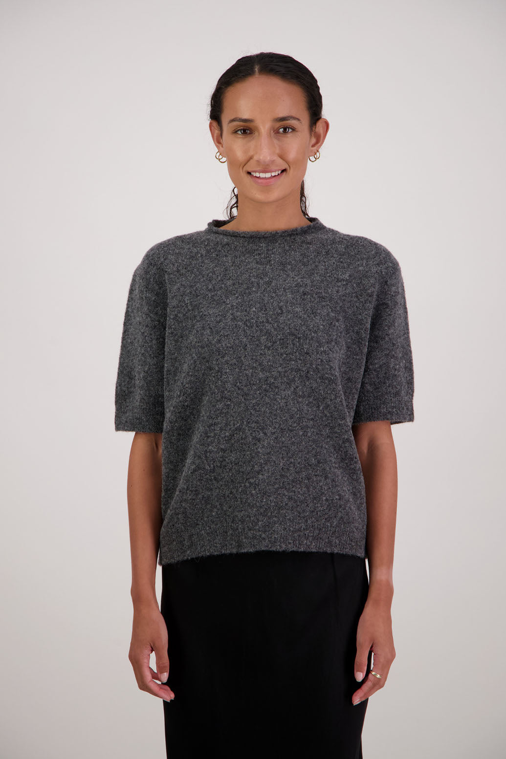 Fleur Knit Top in Charcoal by Briarwood NZ. Alpaca/Wool blend top with high neck, short sleeve t-shirt style, semi-fitted