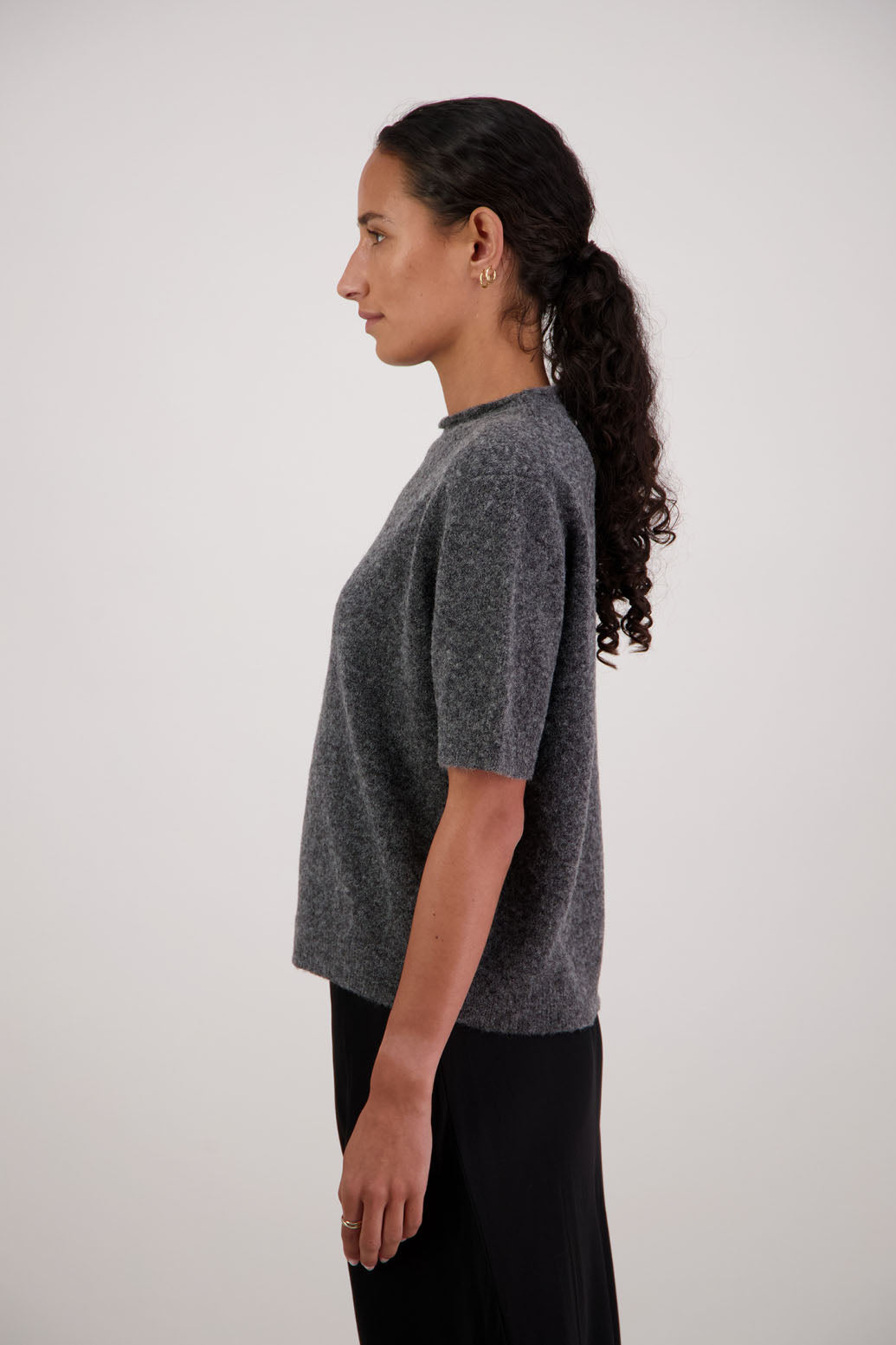 Fleur Knit Top in Charcoal by Briarwood NZ. Alpaca/Wool blend top with high neck, short sleeve t-shirt style, semi-fitted