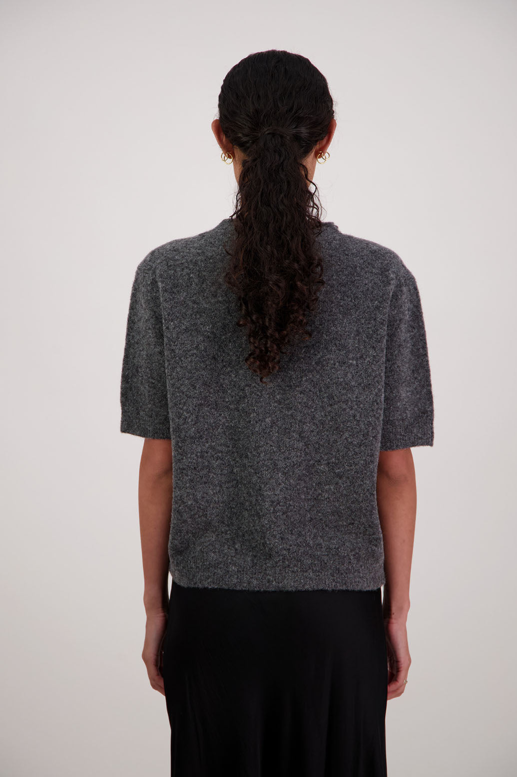 Fleur Knit Top in Charcoal by Briarwood NZ. Alpaca/Wool blend top with high neck, short sleeve t-shirt style, semi-fitted