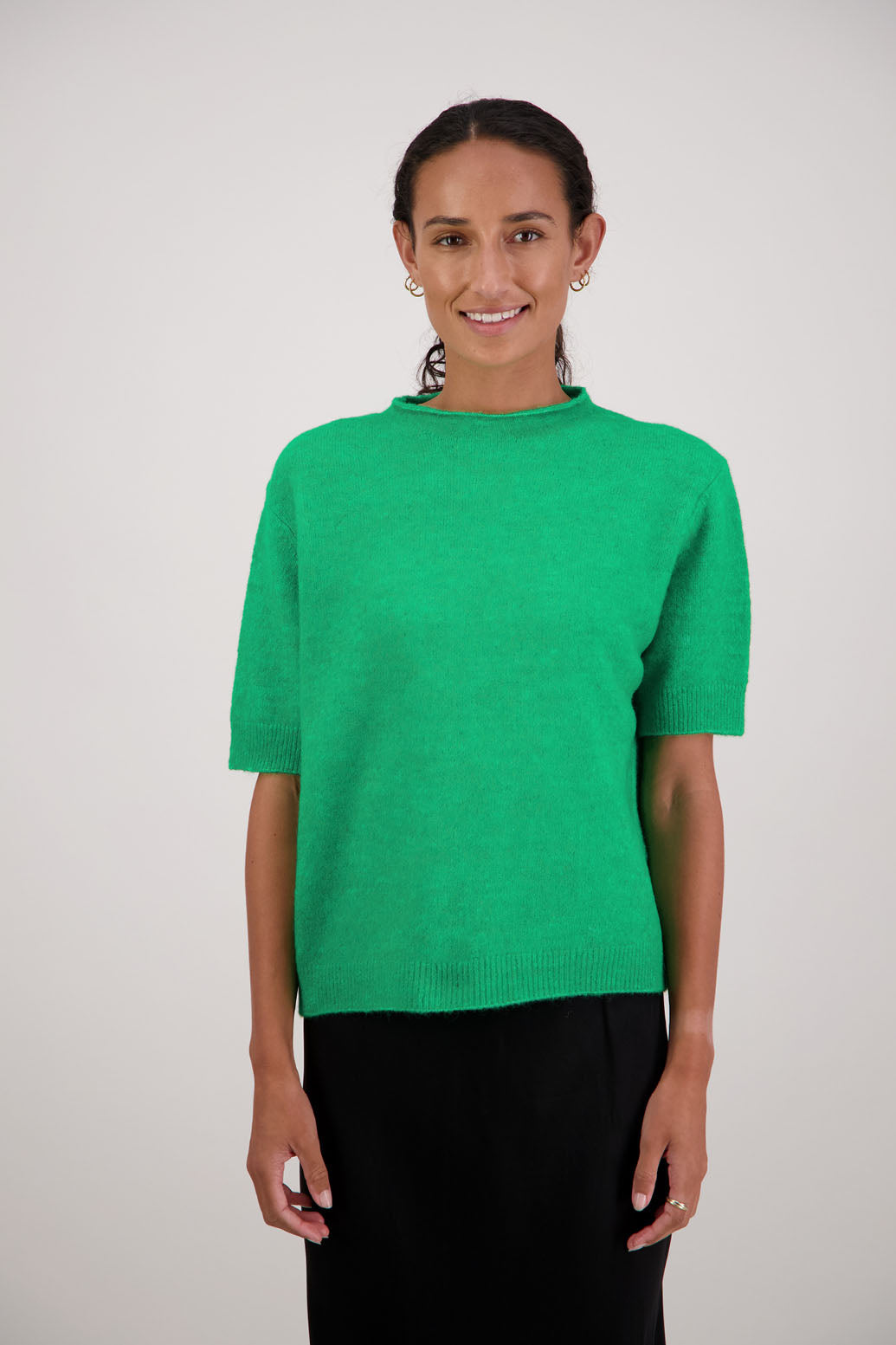 Fleur Knit Top in Green by Briarwood NZ. Alpaca/Wool blend top with high neck, short sleeve t-shirt style, semi-fitted