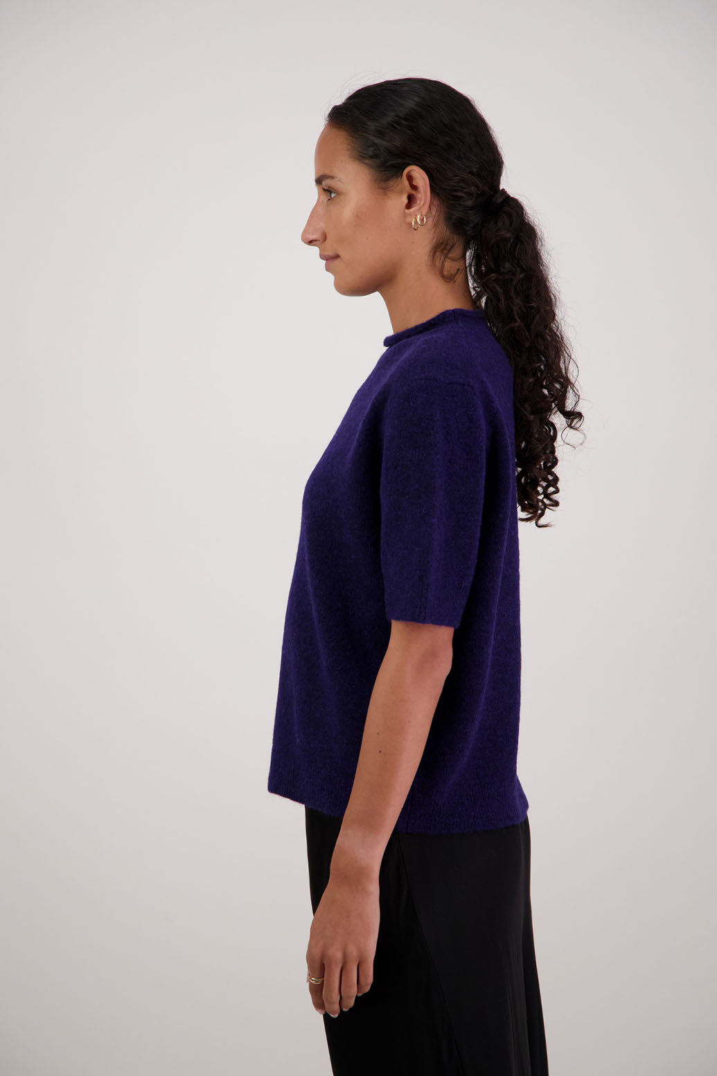 Fleur Knit Top in Ink by Briarwood NZ. Alpaca/Wool blend top with high neck, short sleeve t-shirt style, semi-fitted
