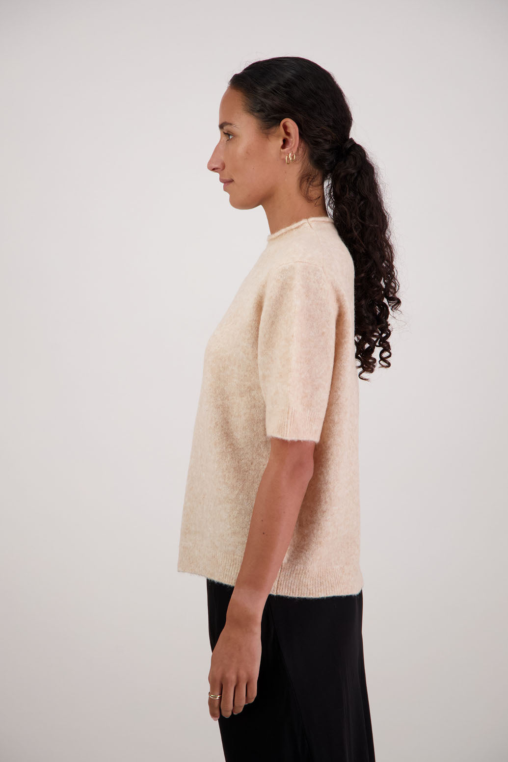 Fleur Knit Top in Natural by Briarwood NZ. Alpaca/Wool blend top with high neck, short sleeve t-shirt style, semi-fitted