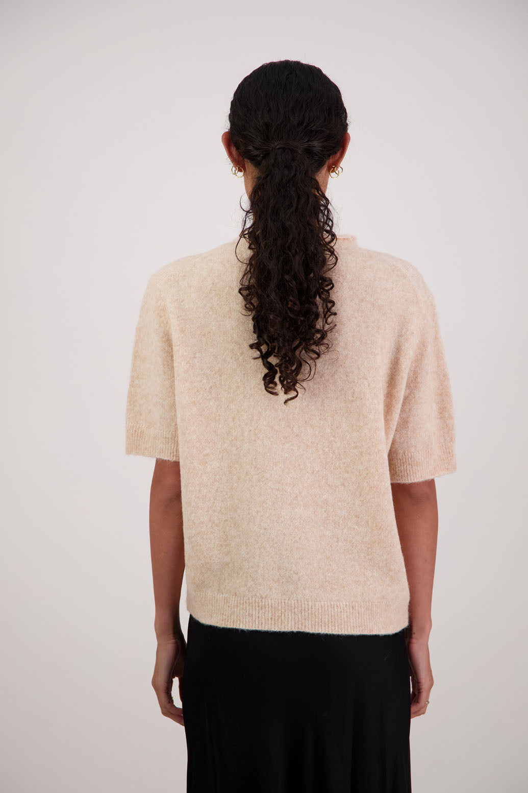 Fleur Knit Top in Natural by Briarwood NZ. Alpaca/Wool blend top with high neck, short sleeve t-shirt style, semi-fitted