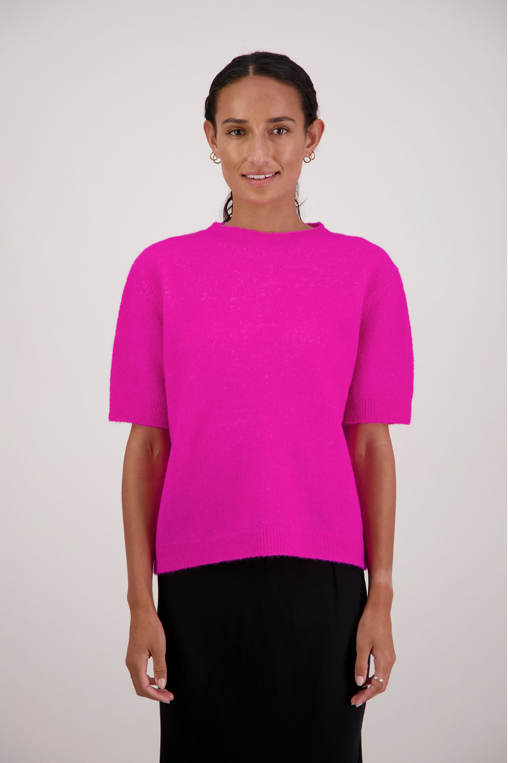 Fleur Knit Top in Pink by Briarwood NZ. Alpaca/Wool blend top with high neck, short sleeve t-shirt style, semi-fitted