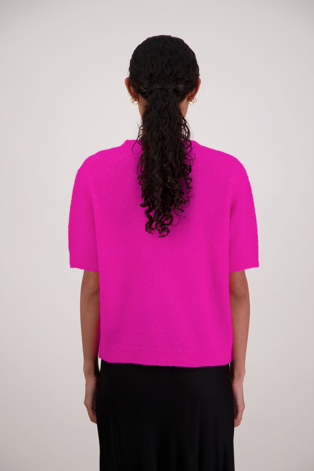 Fleur Knit Top in Pink by Briarwood NZ. Alpaca/Wool blend top with high neck, short sleeve t-shirt style, semi-fitted