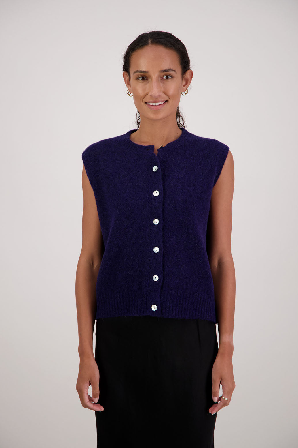 Frankie Vest in Ink by Briarwood NZ. Alpaca/Wool blend buttoned through vest