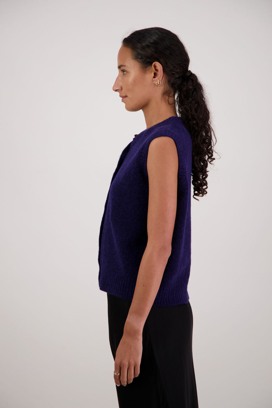 Frankie Vest in Ink by Briarwood NZ. Alpaca/Wool blend buttoned through vest