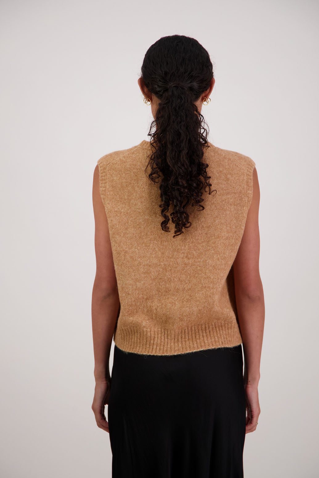 Frankie Vest in Tan by Briarwood NZ. Alpaca/Wool blend buttoned through vest