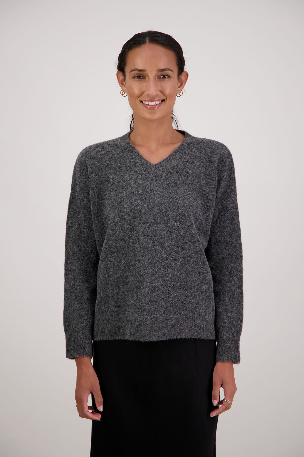 Freddie Jumper in Charcoal by Briarwood NZ. Alpaca/Wool blend v neck long sleeve jumper
